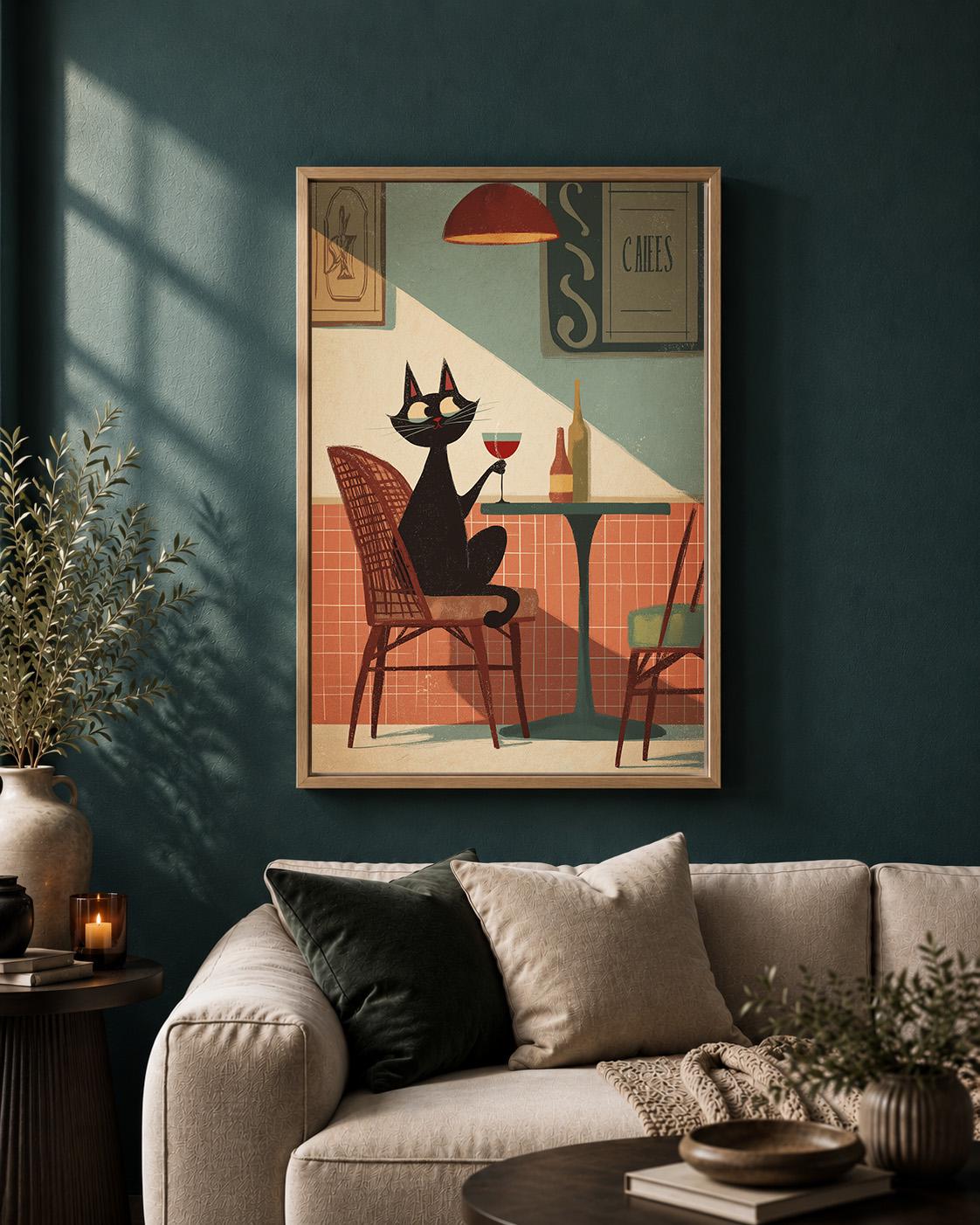 Black Cat Café Wine Lover Mid Century Framed Canvas by The Wall Art Studio
