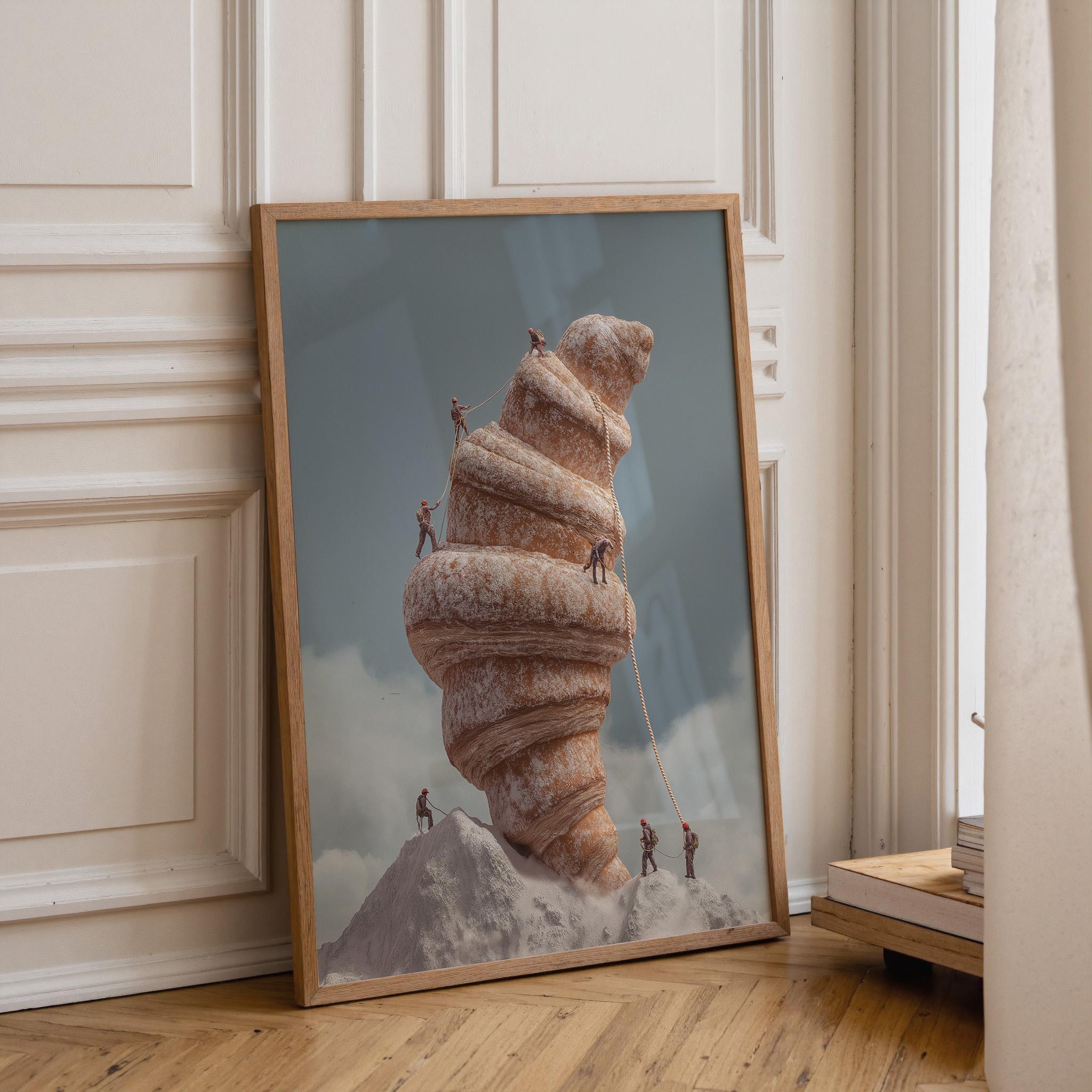 Surreal Croissant Mountain Climbers Whimsical Food Landscape Wall Art