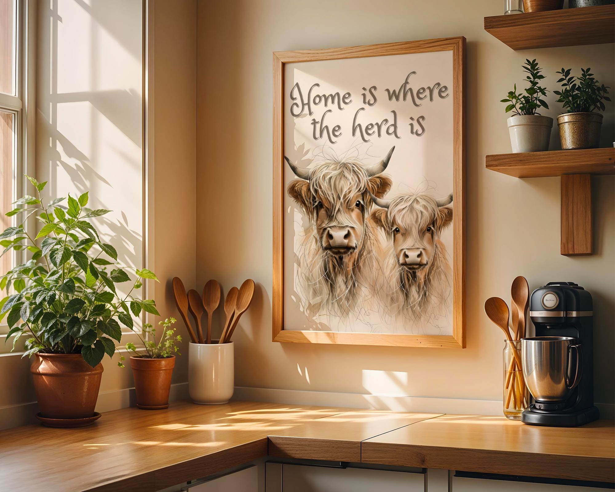 Highland Cow "Home is Where the Herd Is" Quote Wall Art by The Wall Art Studio - physical