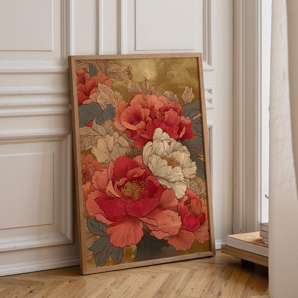 Large Peony Floral Vintage Art Nouveau Wall Art by The Wall Art Studio