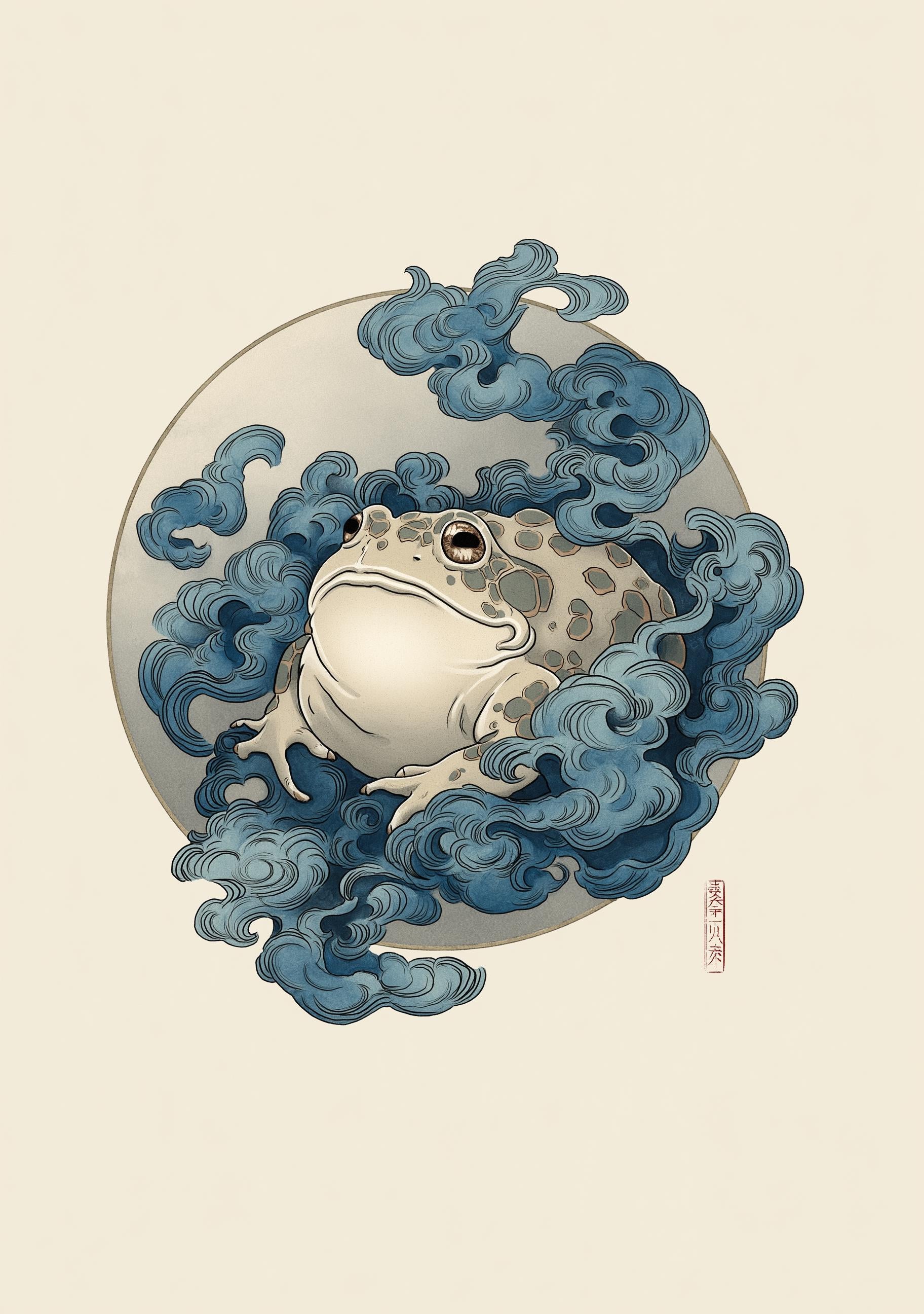 Japanese Whimsical Frog in Kimono, Yokai-Inspired Wall Art by The Wall Art Studio