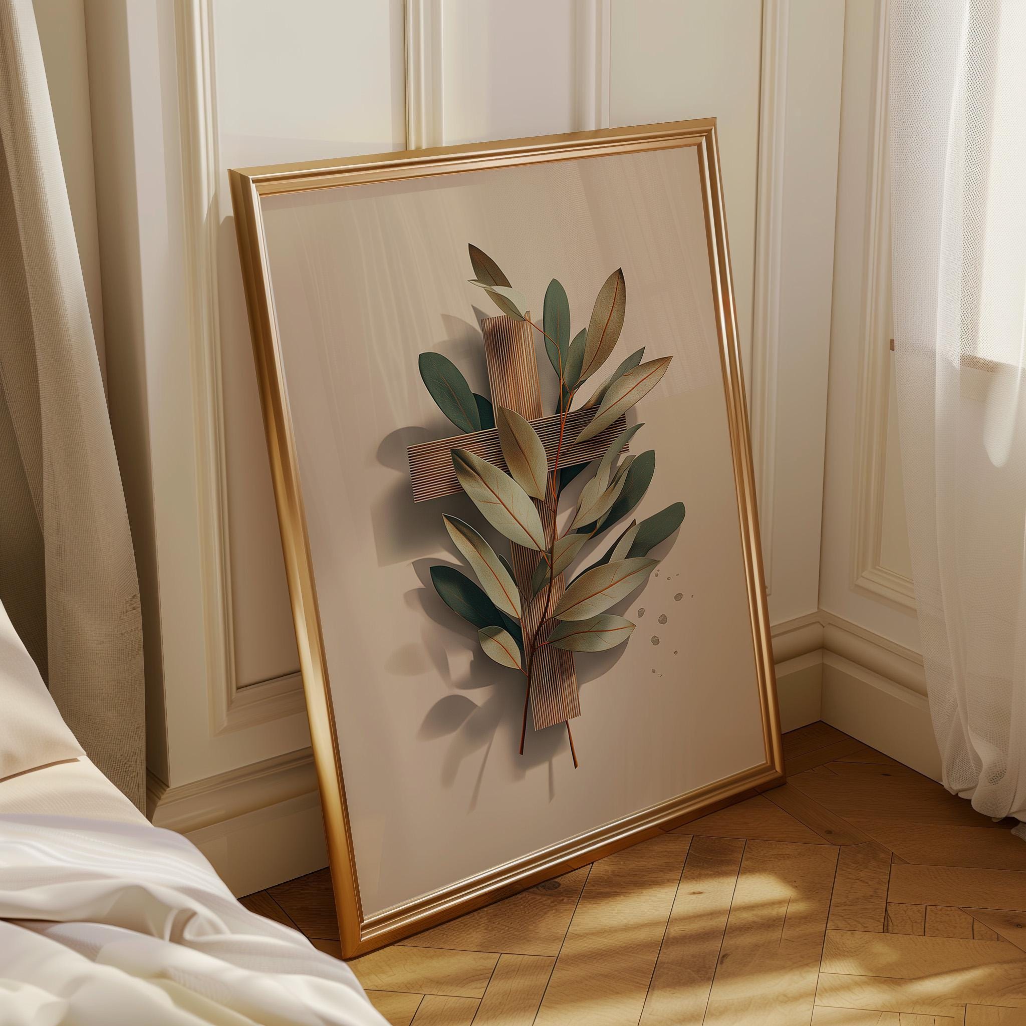 Christian Botanical Cross Minimalist Religious Wall Art by The Wall Art Studio