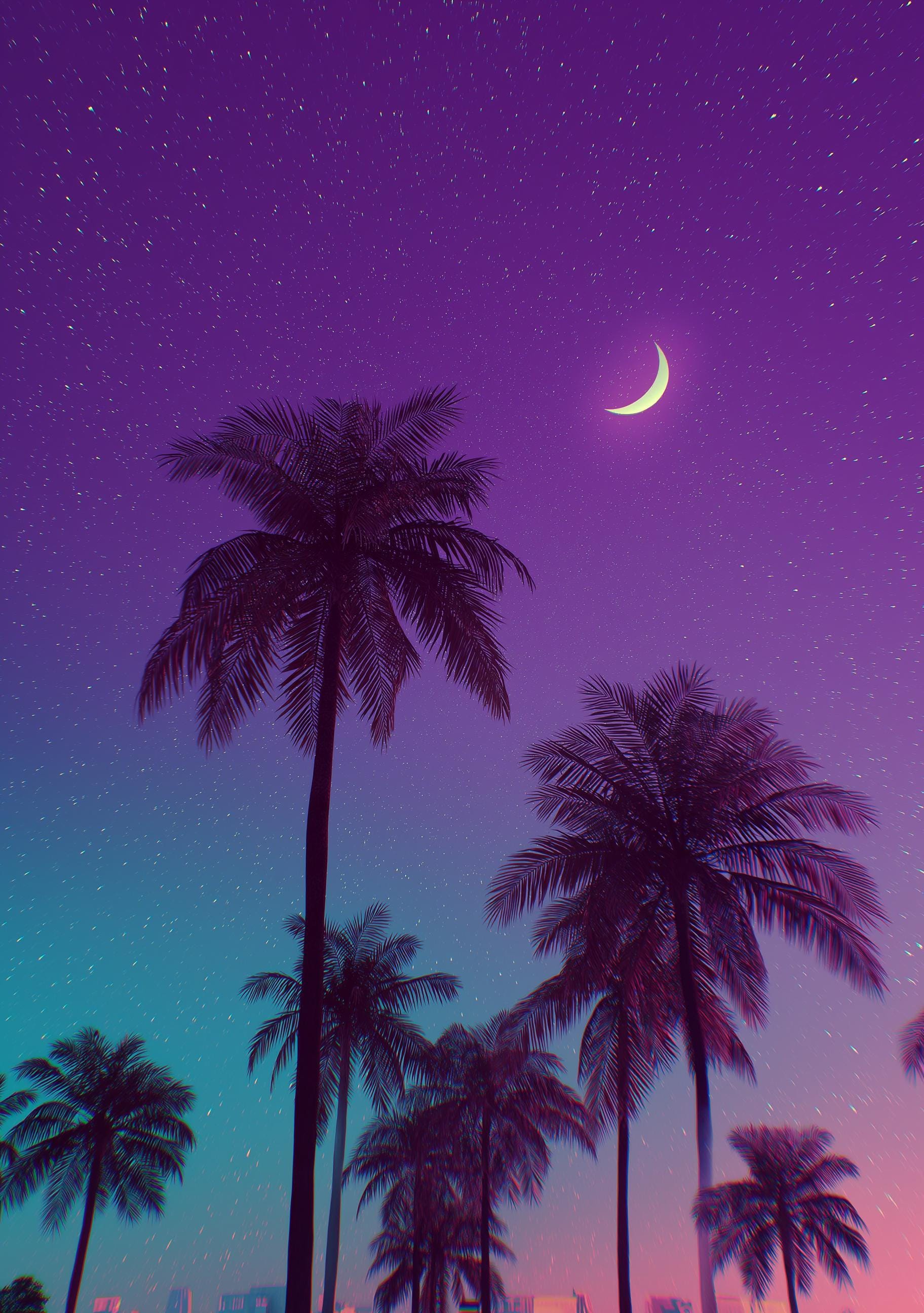 Vaporwave Palm Tree Neon Tropical Night Scene Wall Art by The Wall Art Studio