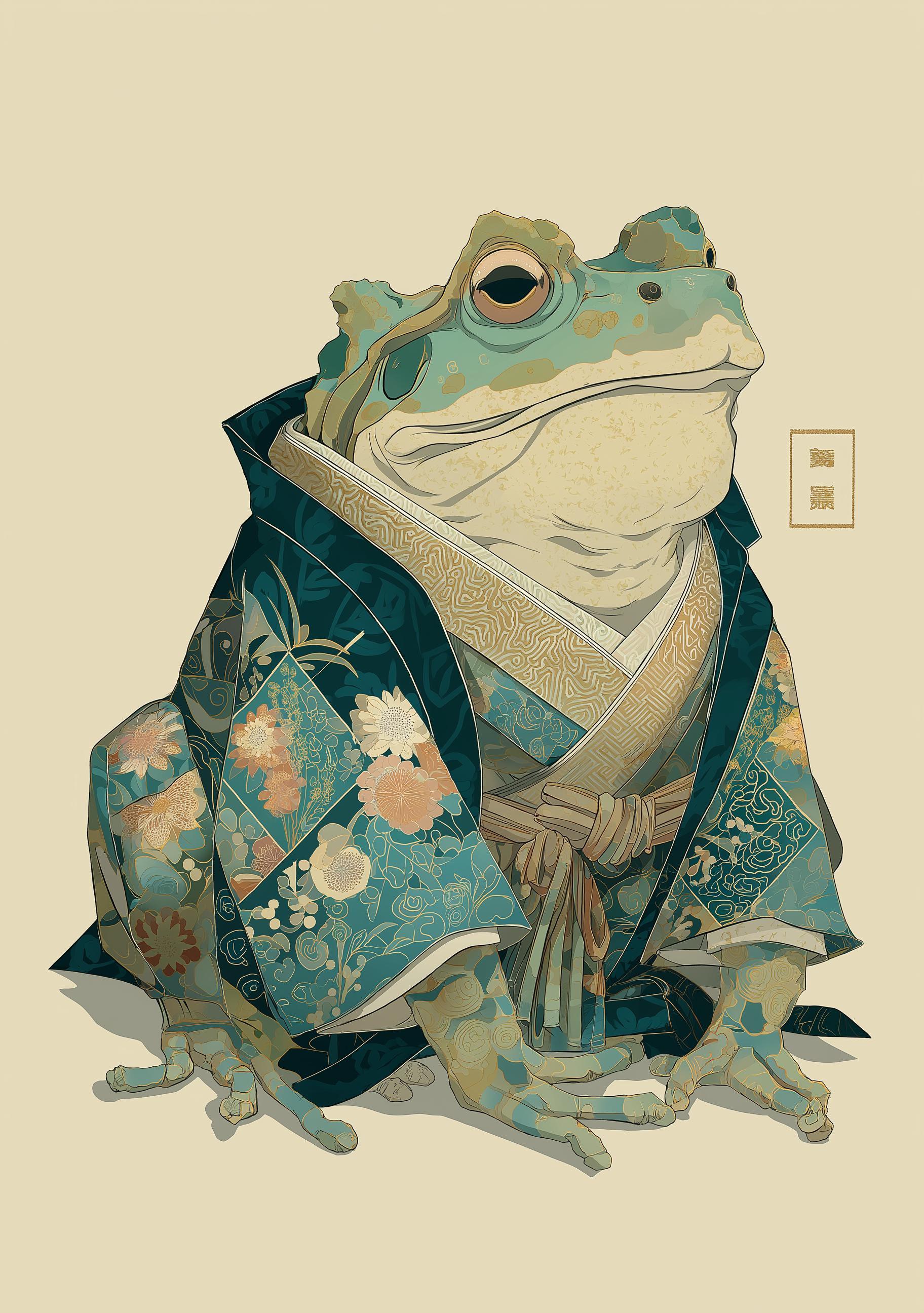 Japanese Whimsical Frog in Kimono Yokai-Inspired Wall Art by The Wall Art Studio