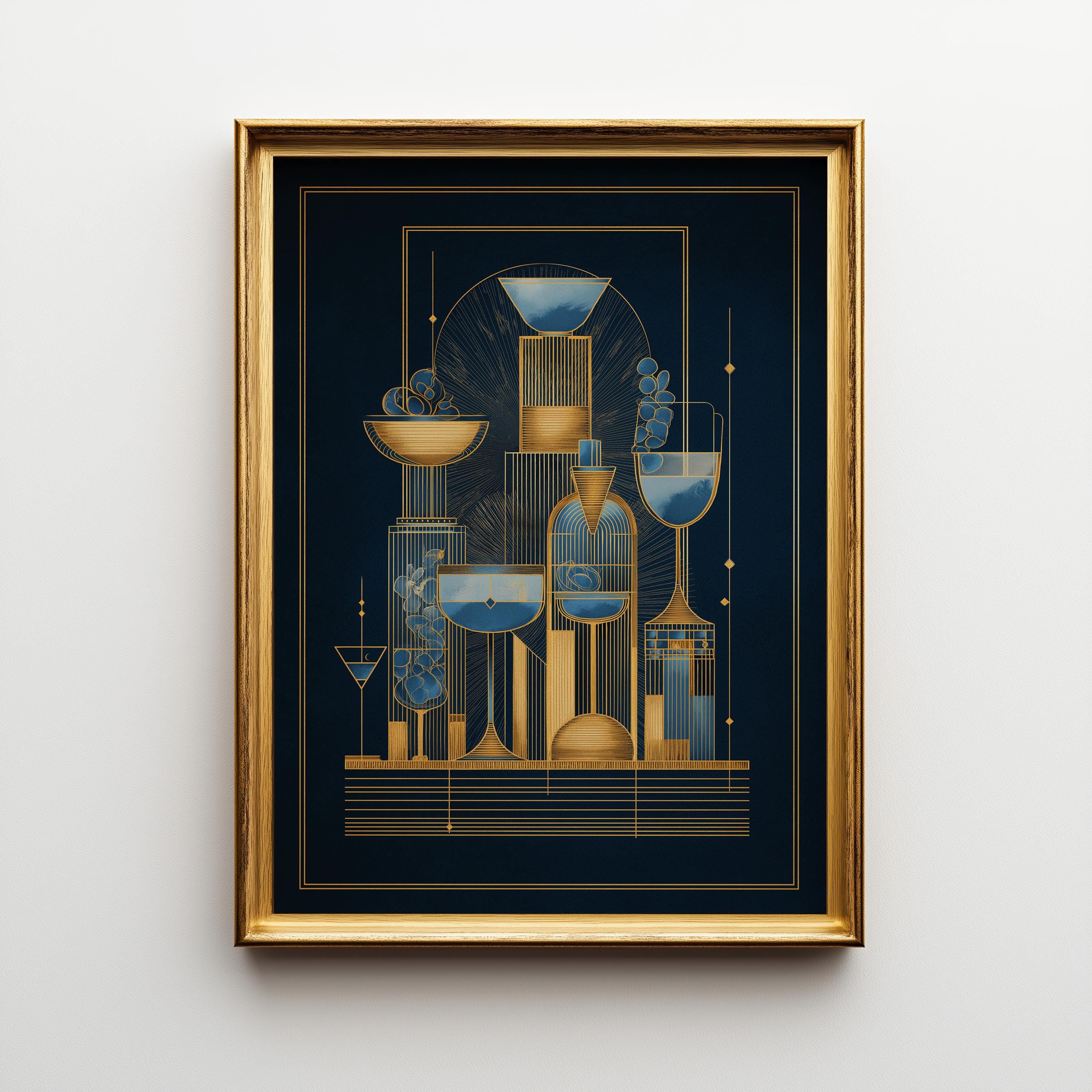Art Deco Cocktail Wall Art Print, Minimalist Martini Illustration, Blue and Gold Bar Décor