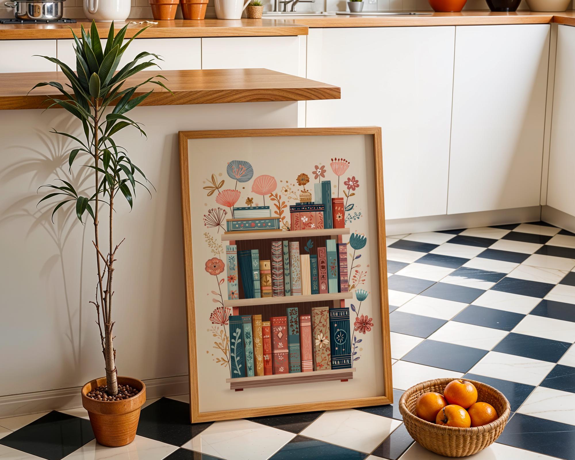 Floral Bookshelf Botanical Book Lover Whimsical Library Wall Art by The Wall Art Studio