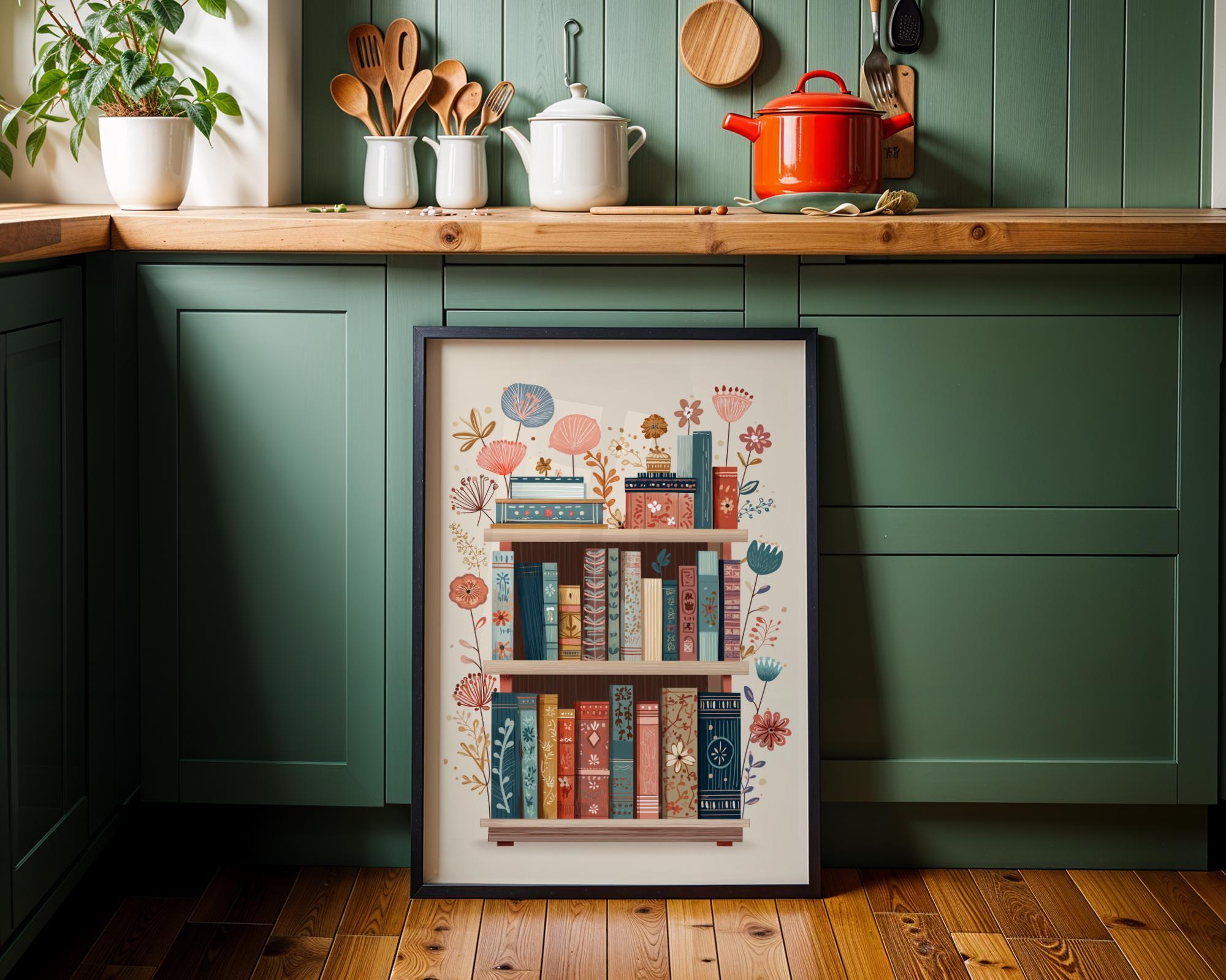 Floral Bookshelf Botanical Book Lover Whimsical Library Wall Art by The Wall Art Studio
