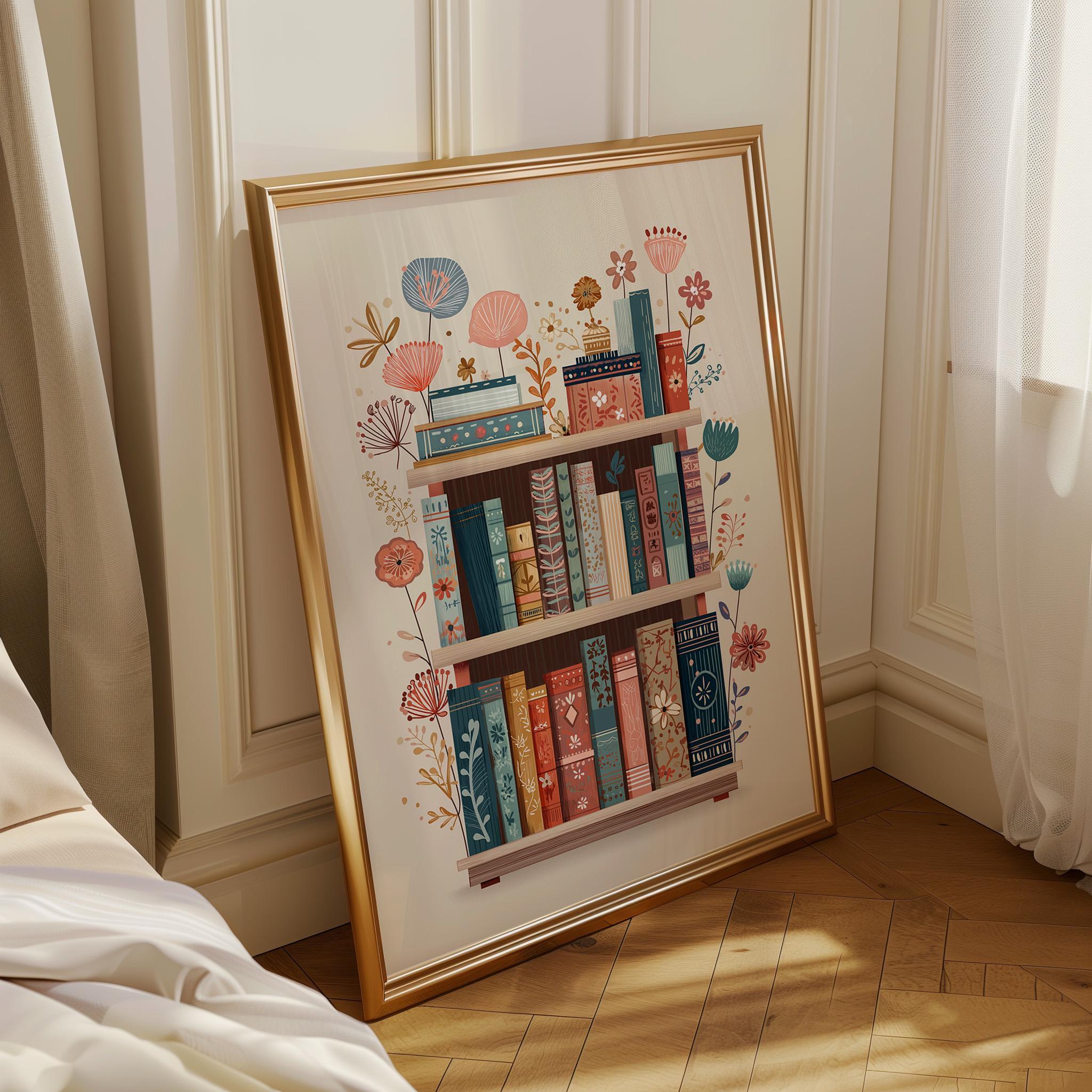 Floral Bookshelf Botanical Book Lover Whimsical Library Wall Art by The Wall Art Studio