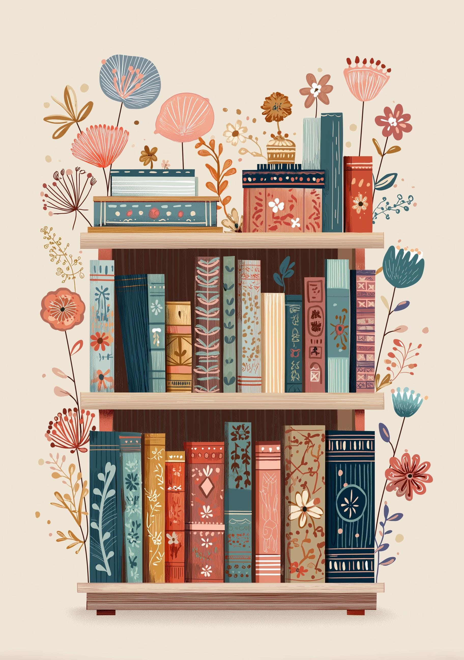 Floral Bookshelf Botanical Book Lover Whimsical Library Wall Art by The Wall Art Studio