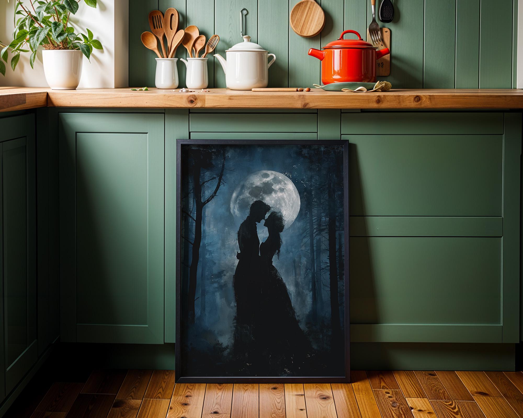 Gothic Moon Couple Dark Romantic Silhouette Moody Forest Night Wall Art by The Wall Art Studio