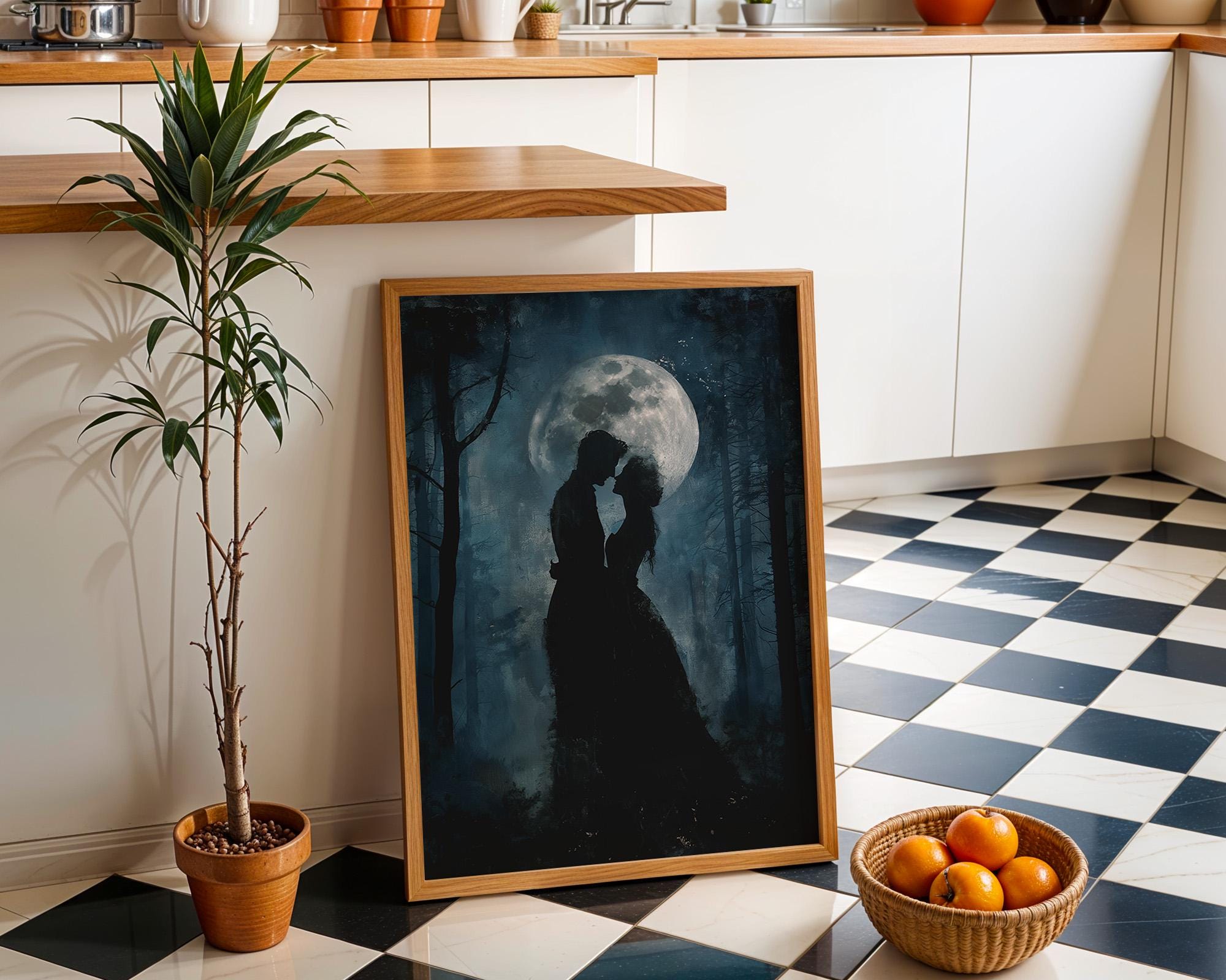 Gothic Moon Couple Dark Romantic Silhouette Moody Forest Night Wall Art by The Wall Art Studio