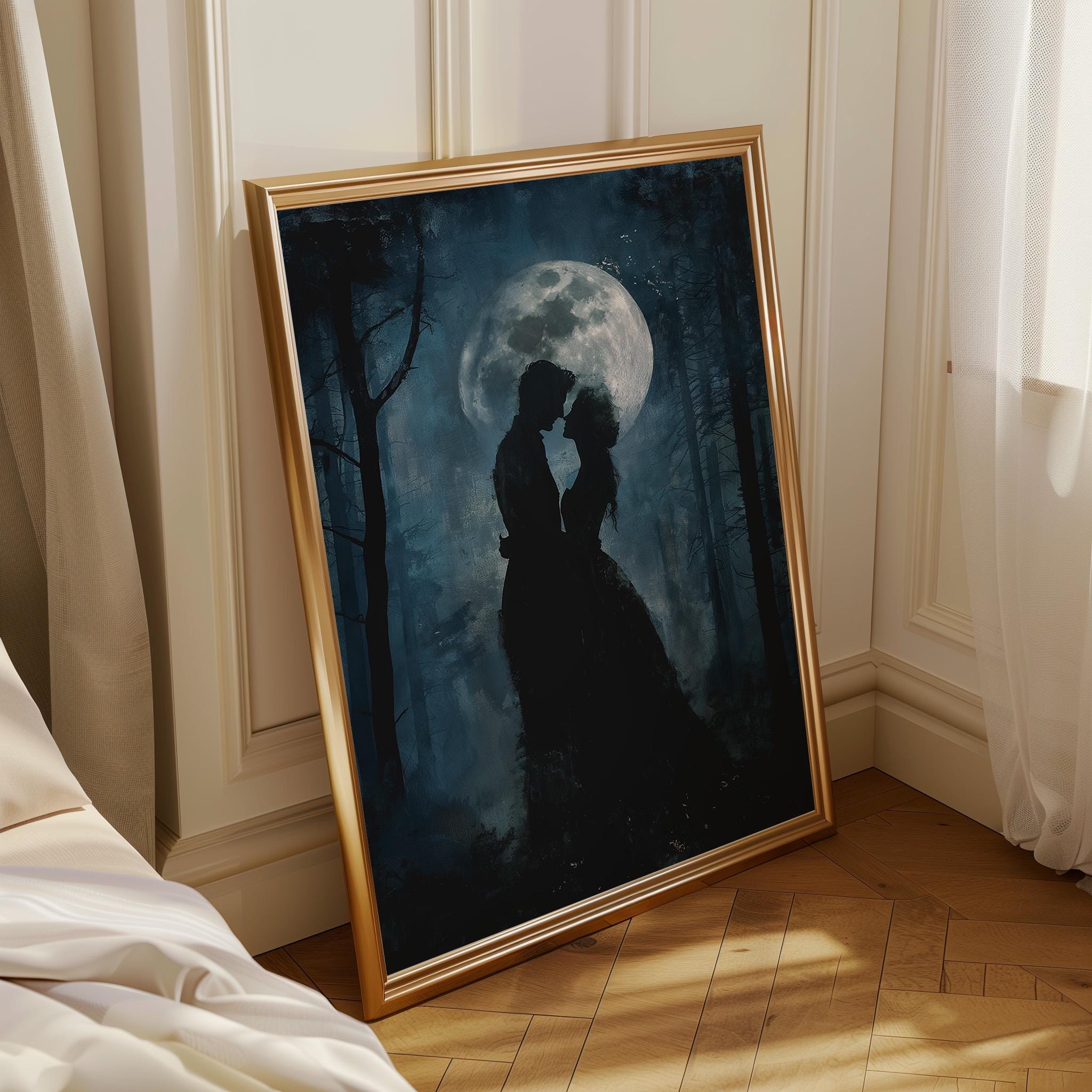 Gothic Moon Couple Dark Romantic Silhouette Moody Forest Night Wall Art by The Wall Art Studio
