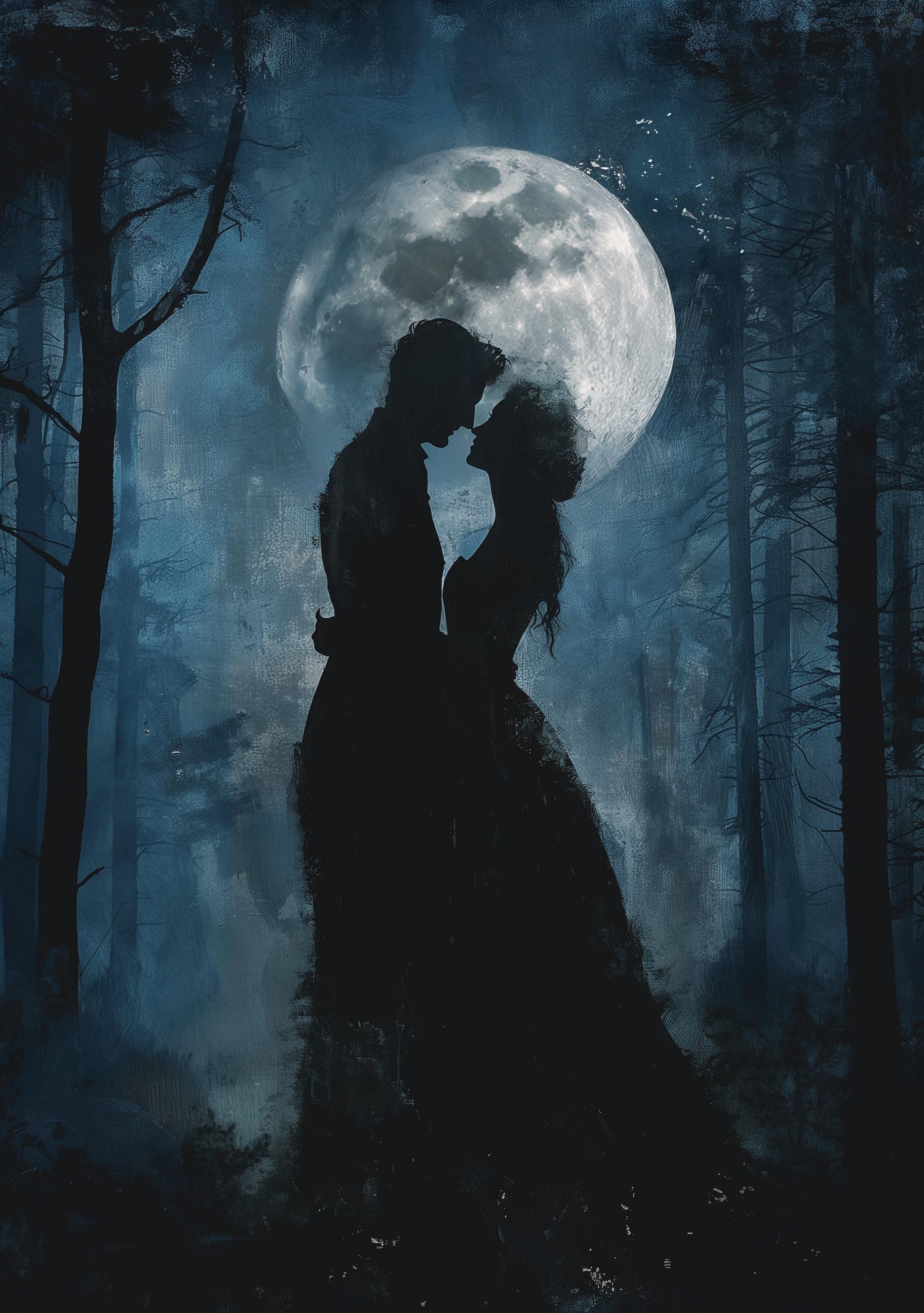 Gothic Moon Couple Dark Romantic Silhouette Moody Forest Night Wall Art by The Wall Art Studio