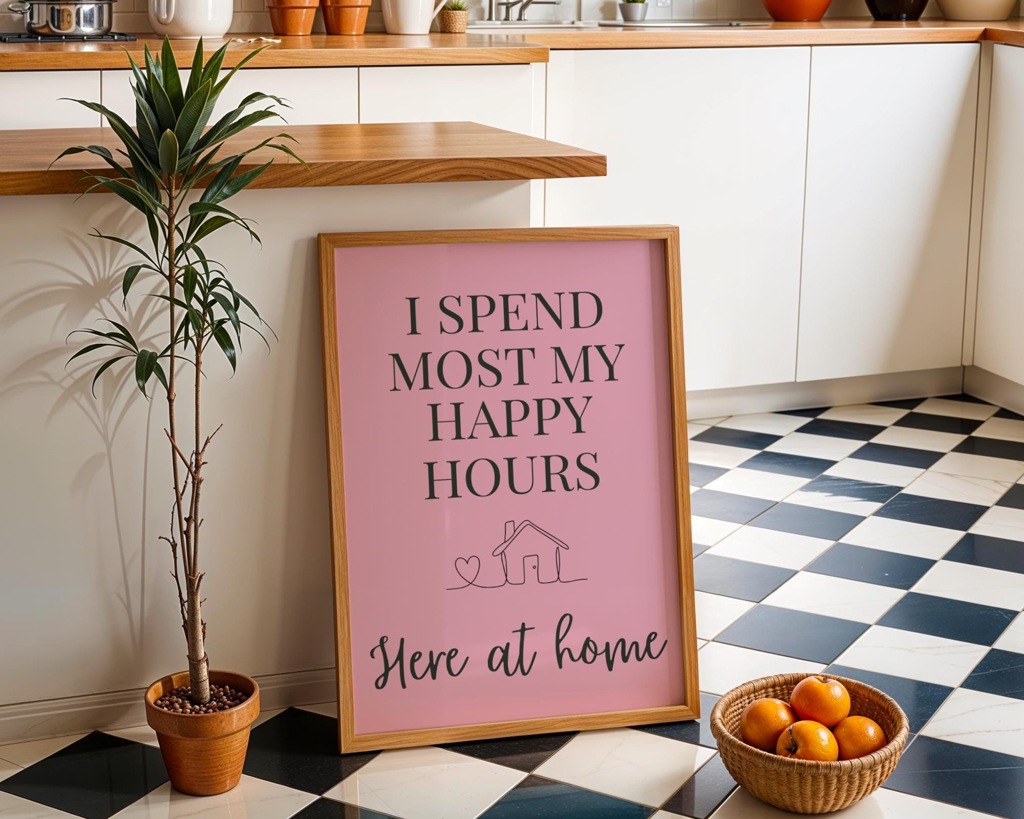 Pink Quote Wall Art "I Spend Most My Happy Hours Here at Home" by The Wall Art Studio