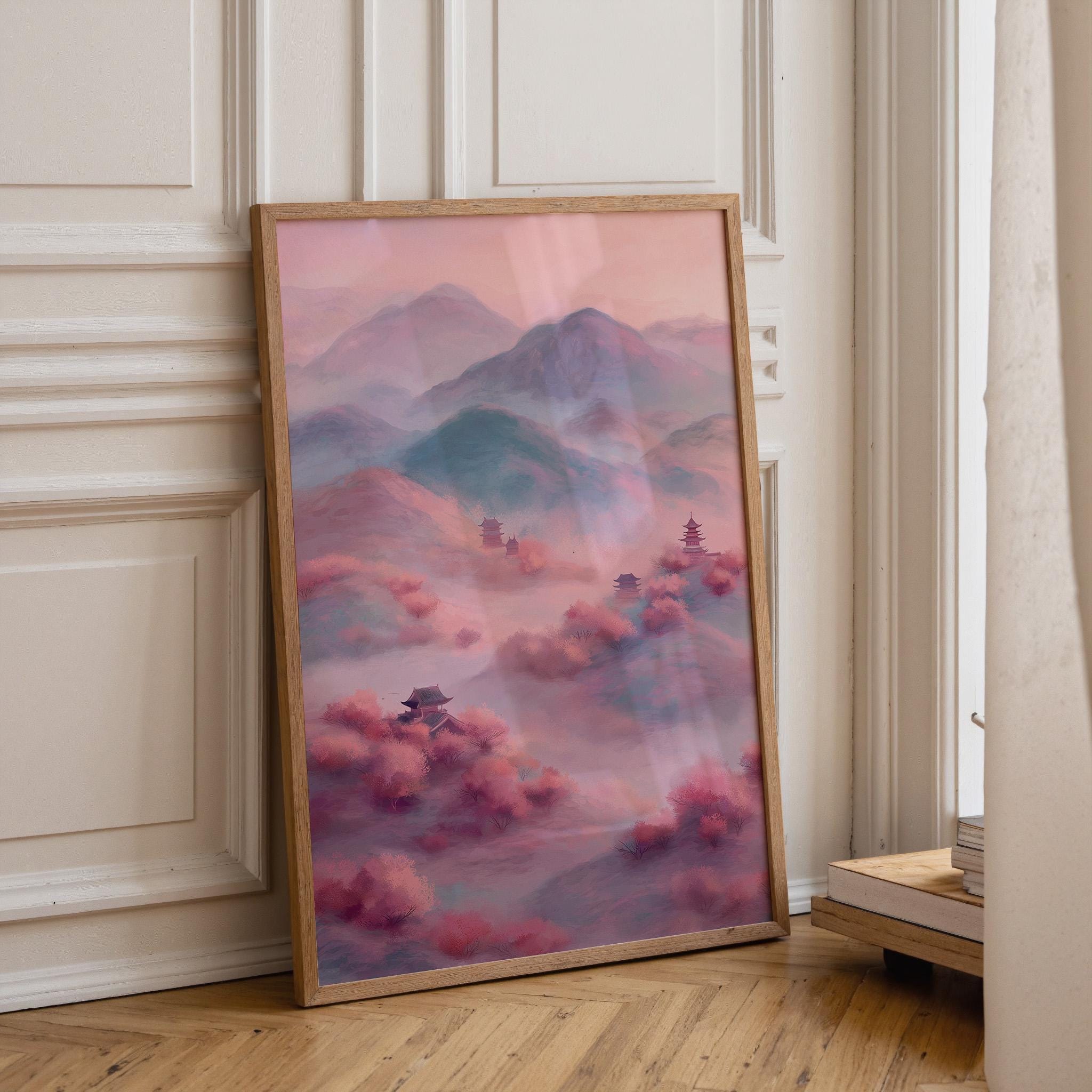 Chinoiserie Landscape Pastel Mountain Scenery Oriental Pagoda Wall Art by The Wall Art Studio - physical