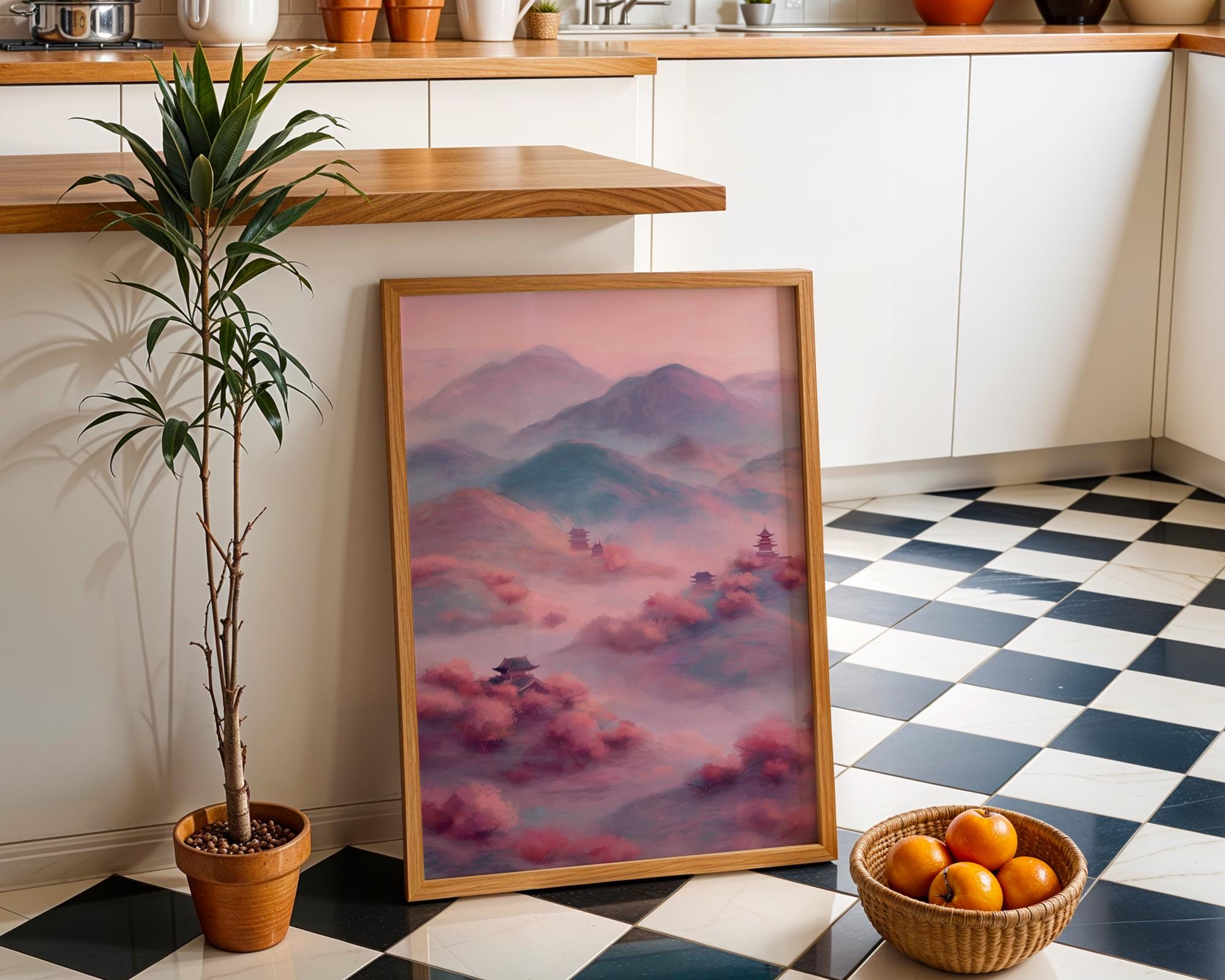 Chinoiserie Landscape Pastel Mountain Scenery Oriental Pagoda Wall Art by The Wall Art Studio - physical