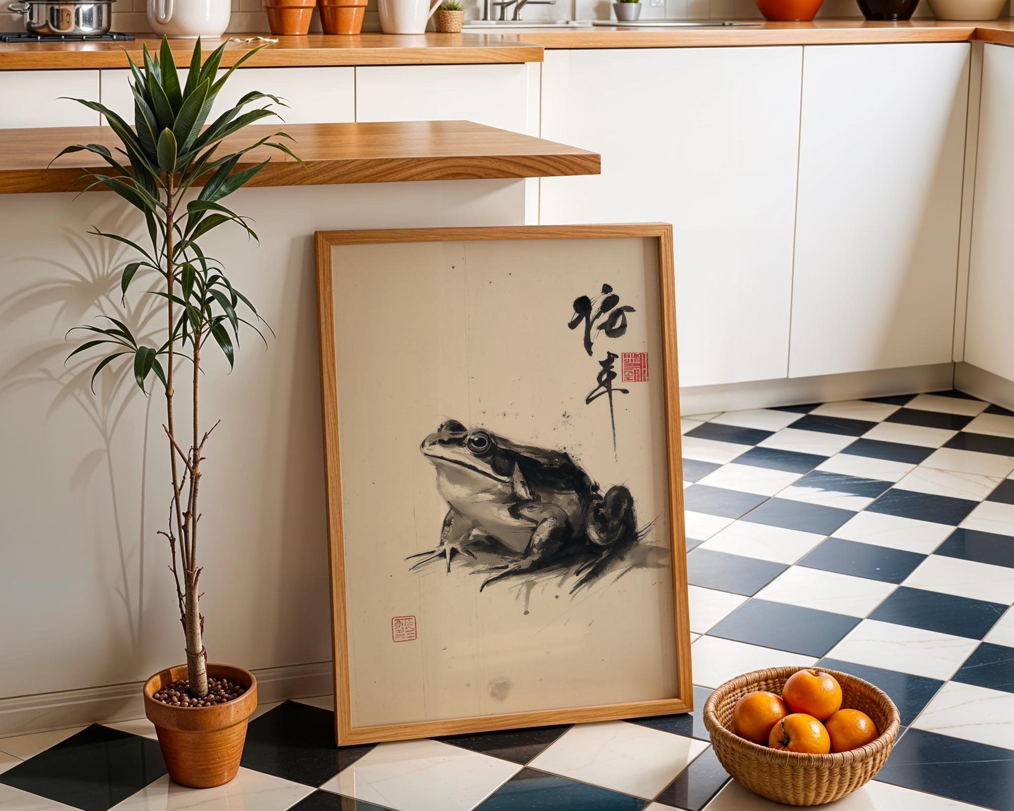 Zen Frog Ink Minimalist Japanese Sumi-e Wall Art by The Wall Art Studio