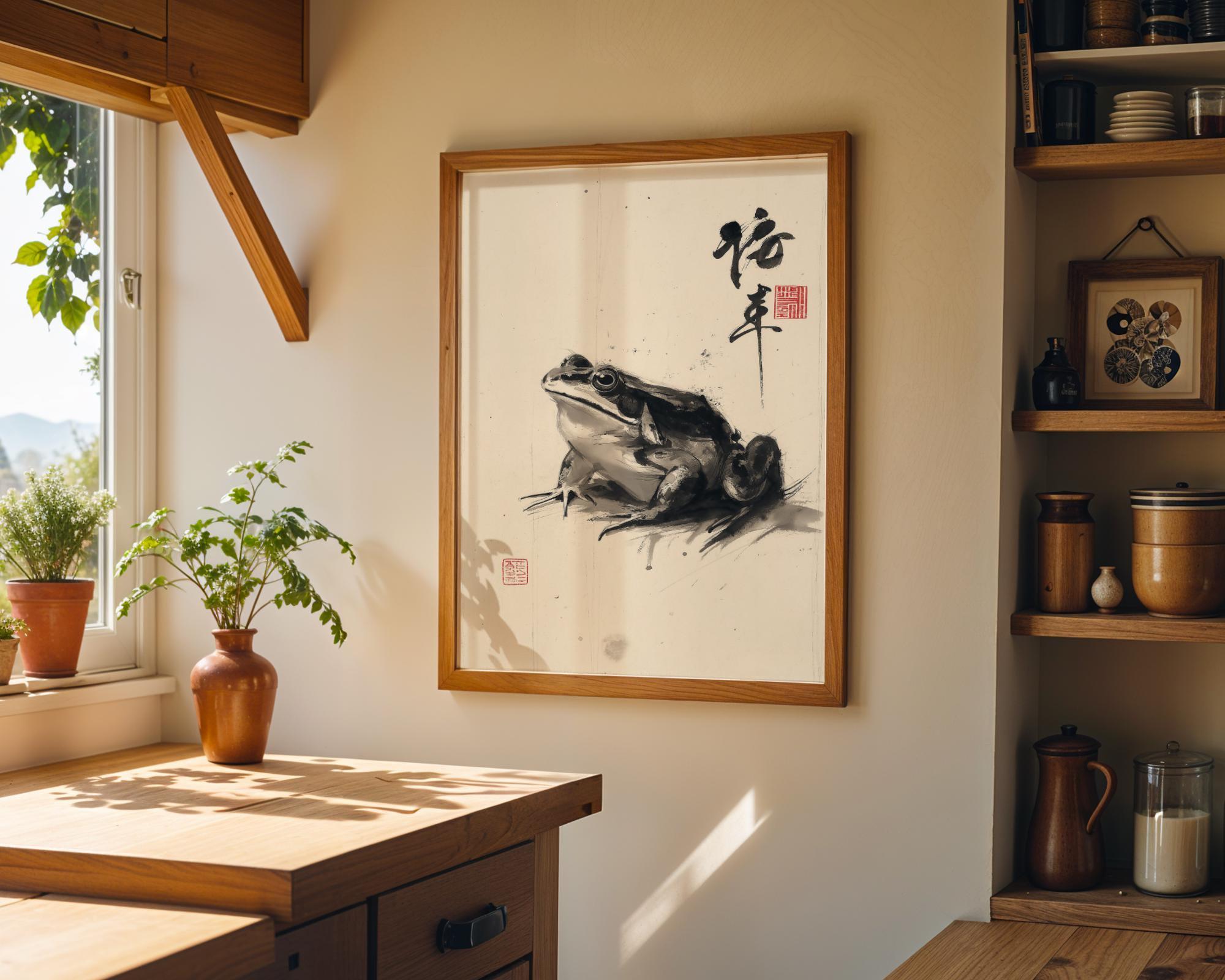 Zen Frog Ink Minimalist Japanese Sumi-e Wall Art by The Wall Art Studio