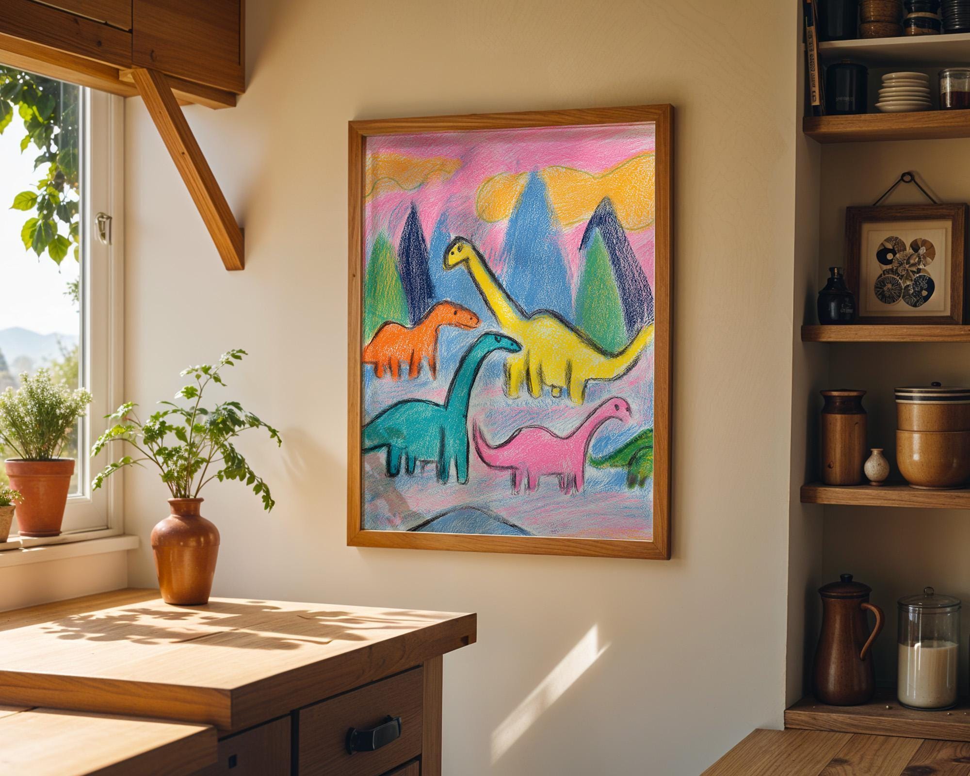 Kids Dinosaur Crayon Dino Drawing Colorful Nursery Playroom Wall Art by The Wall Art Studio