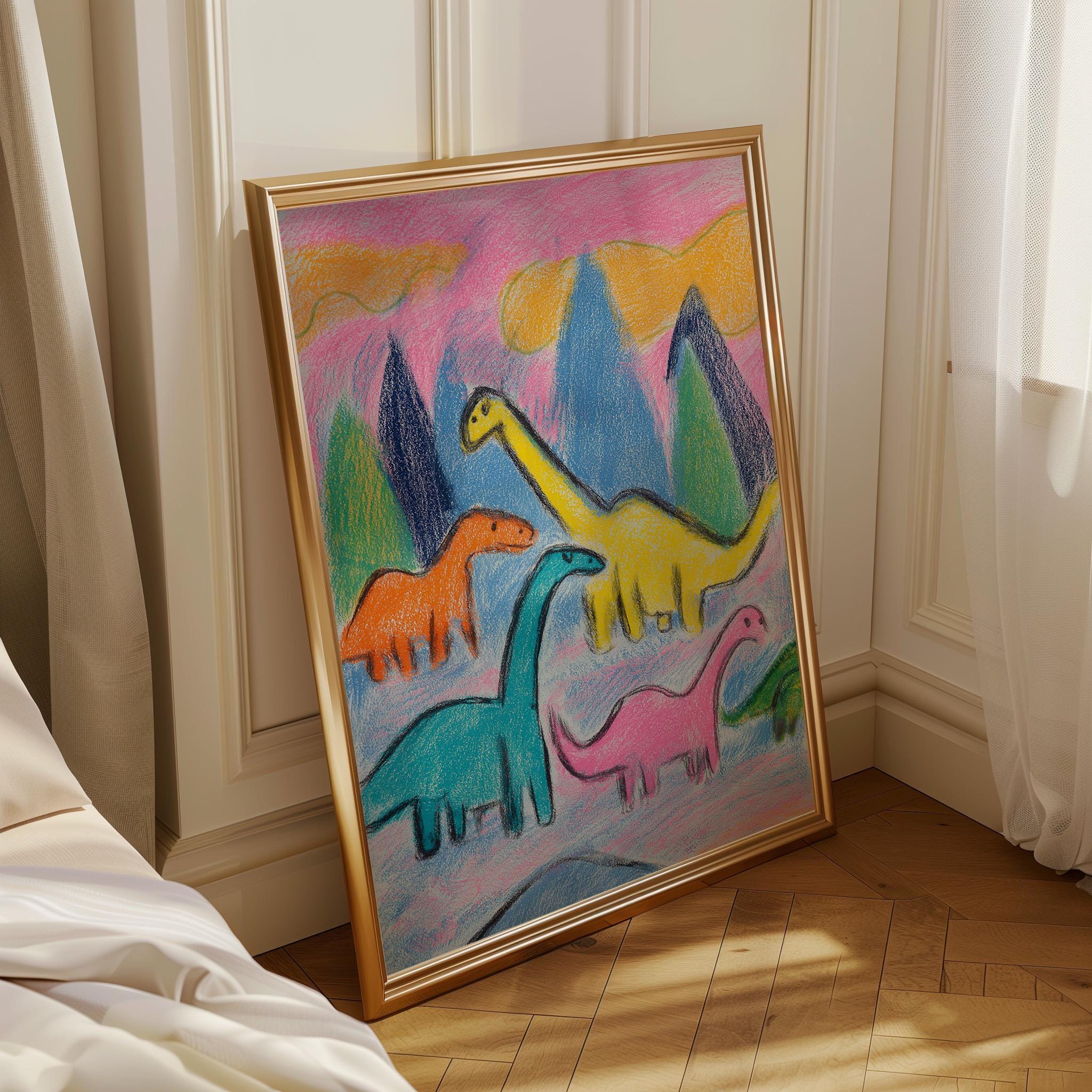 Kids Dinosaur Crayon Dino Drawing Colorful Nursery Playroom Wall Art by The Wall Art Studio