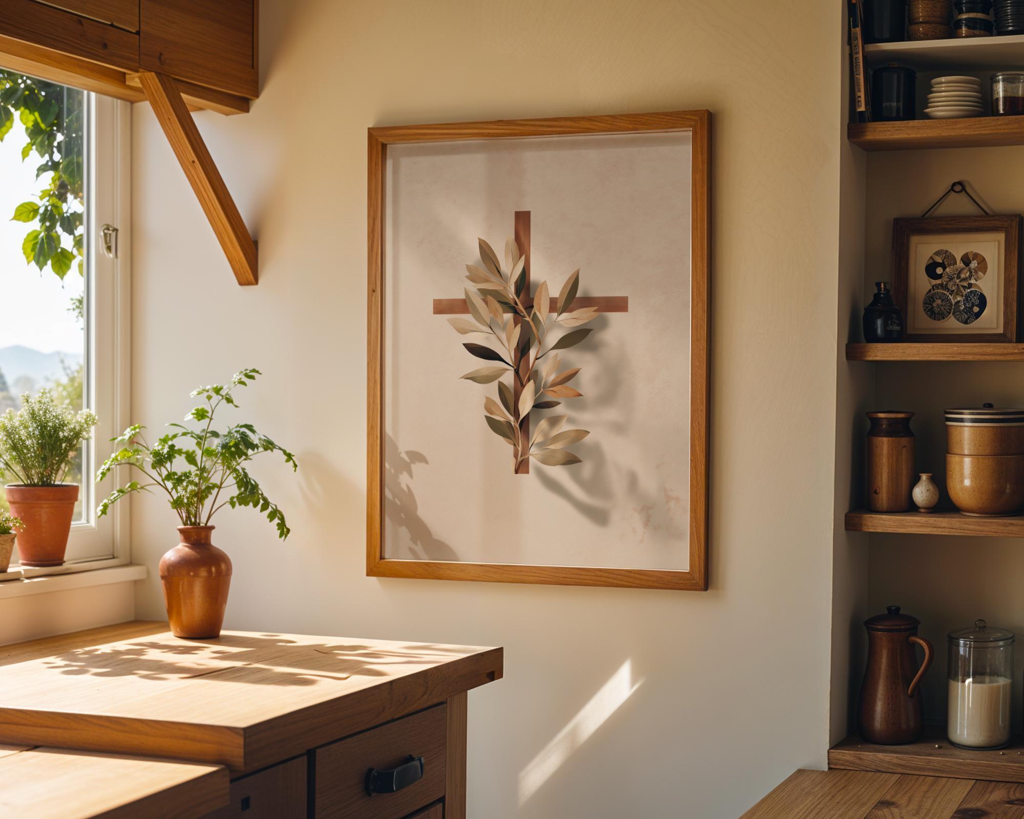 Christian Botanical Cross Neutral Faith Religious Wall Art by The Wall Art Studio