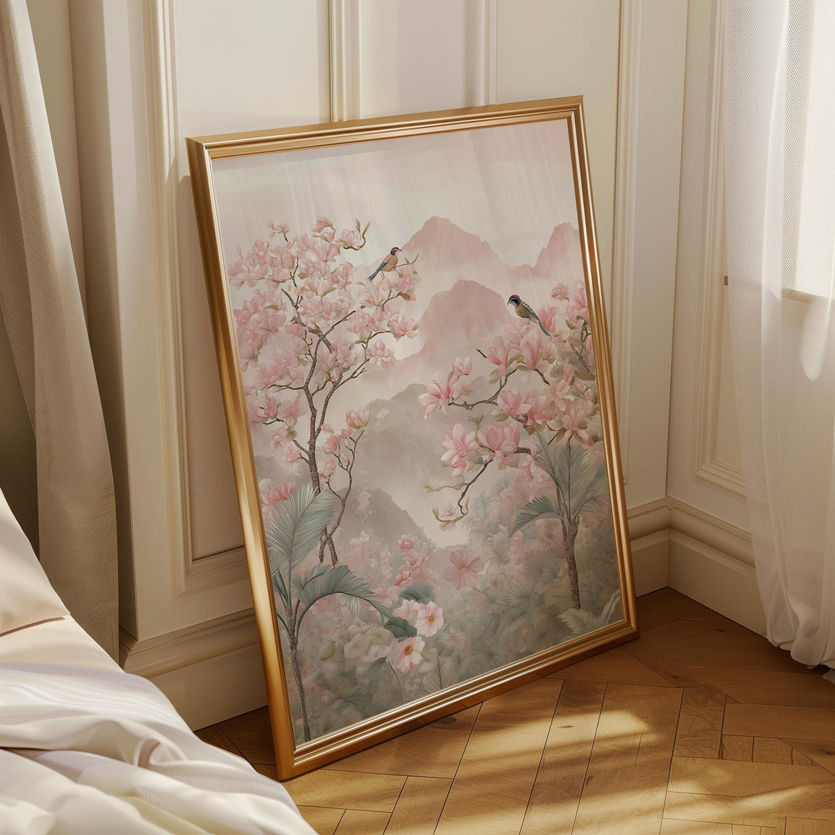 Chinoiserie Cherry Blossom Asian Landscape Soft Pastel Oriental Wall Art