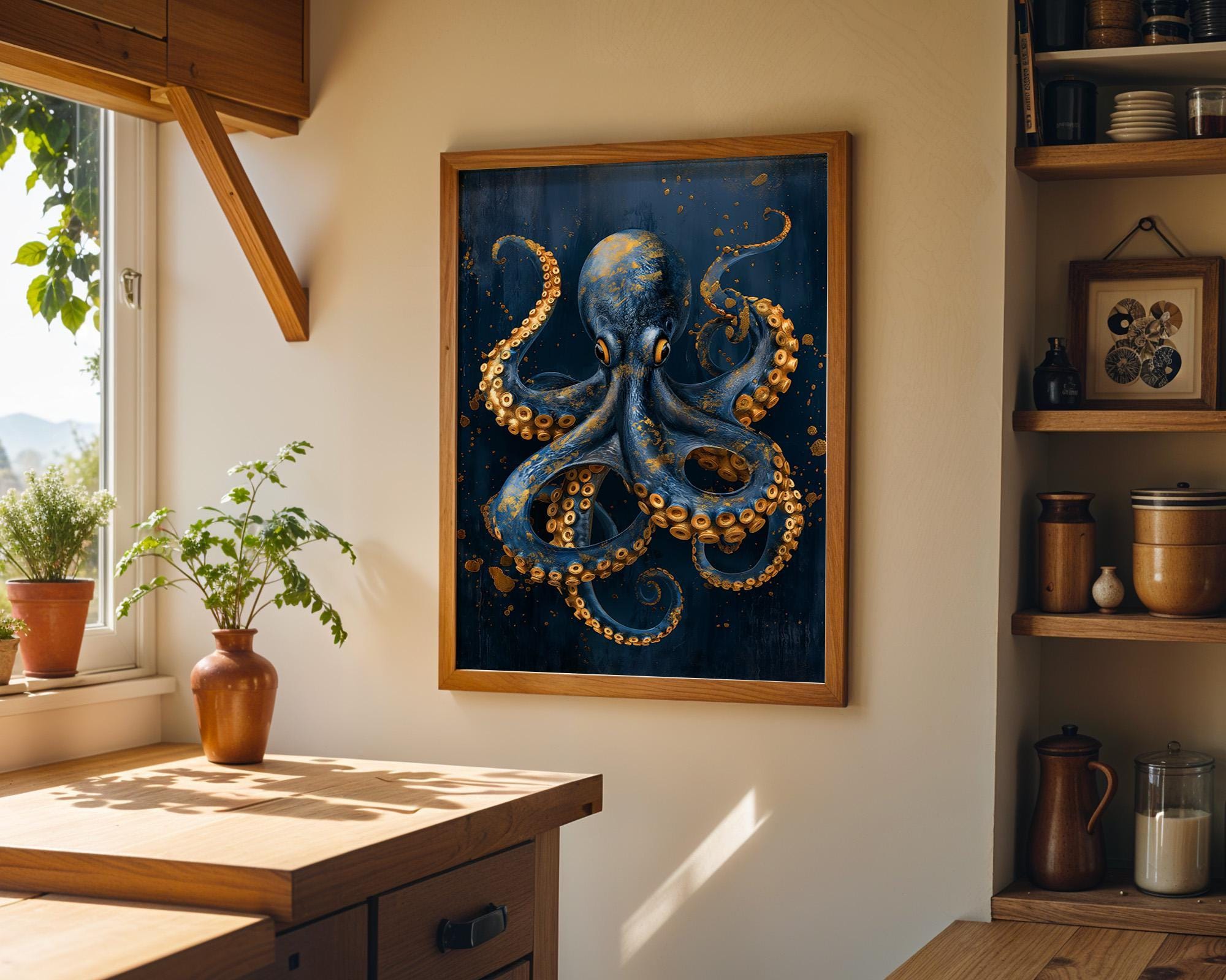 Octopus Wall Art Print, Nautical Coastal Décor, Blue and Gold Kraken Illustration, Maritime Study Artwork, Ocean Lover Gift