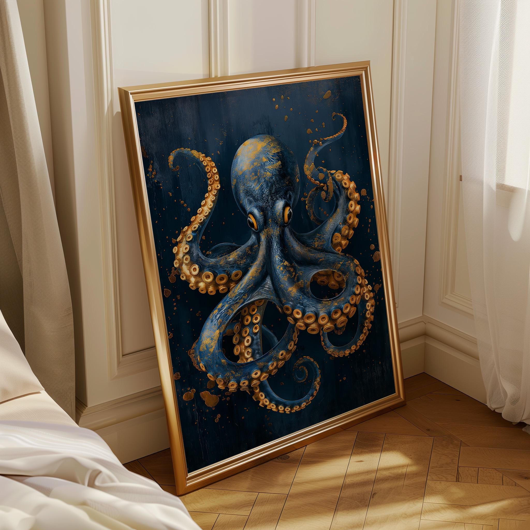 Octopus Wall Art Print, Nautical Coastal Décor, Blue and Gold Kraken Illustration, Maritime Study Artwork, Ocean Lover Gift