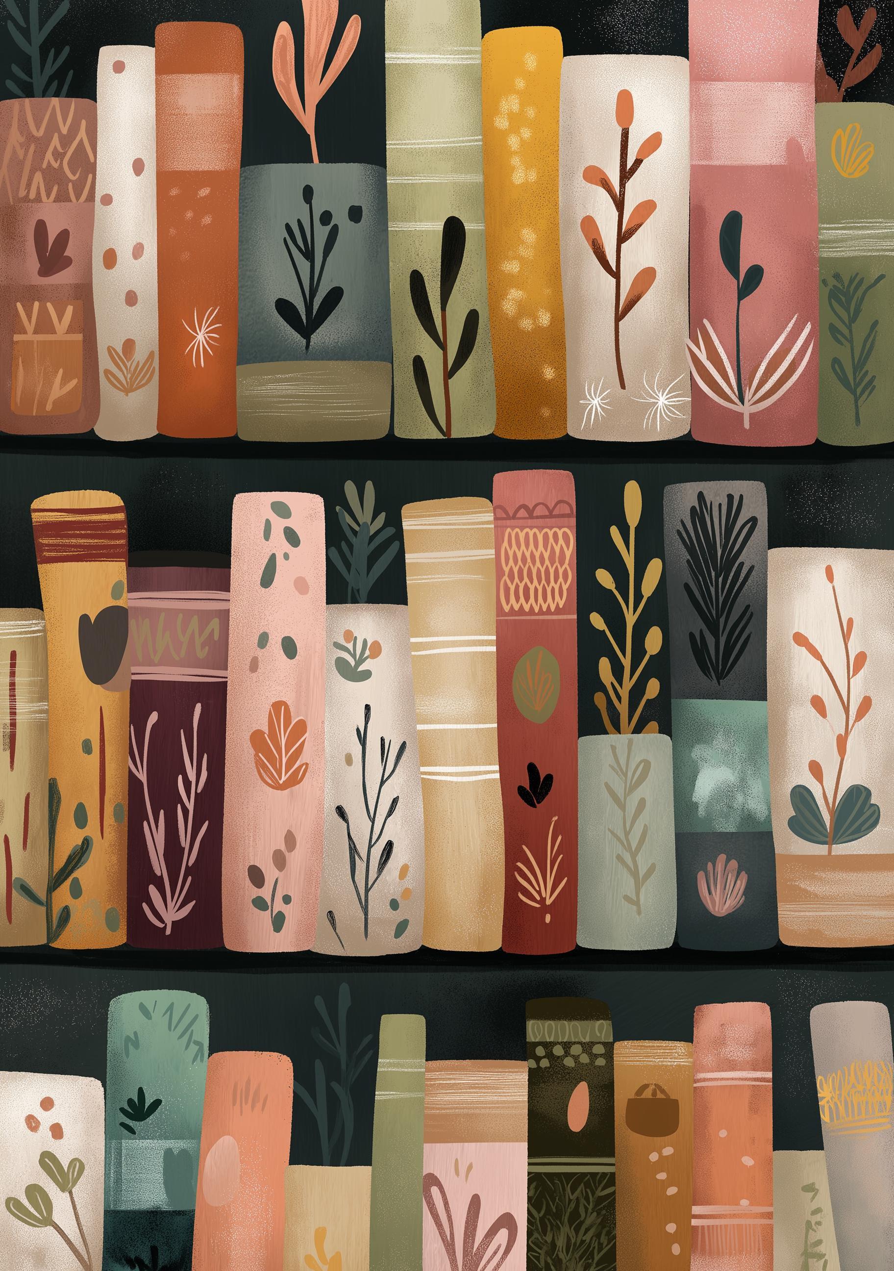 Whimsical Library Floral Bookshelf Botanical Book Lover Wall Art by The Wall Art Studio