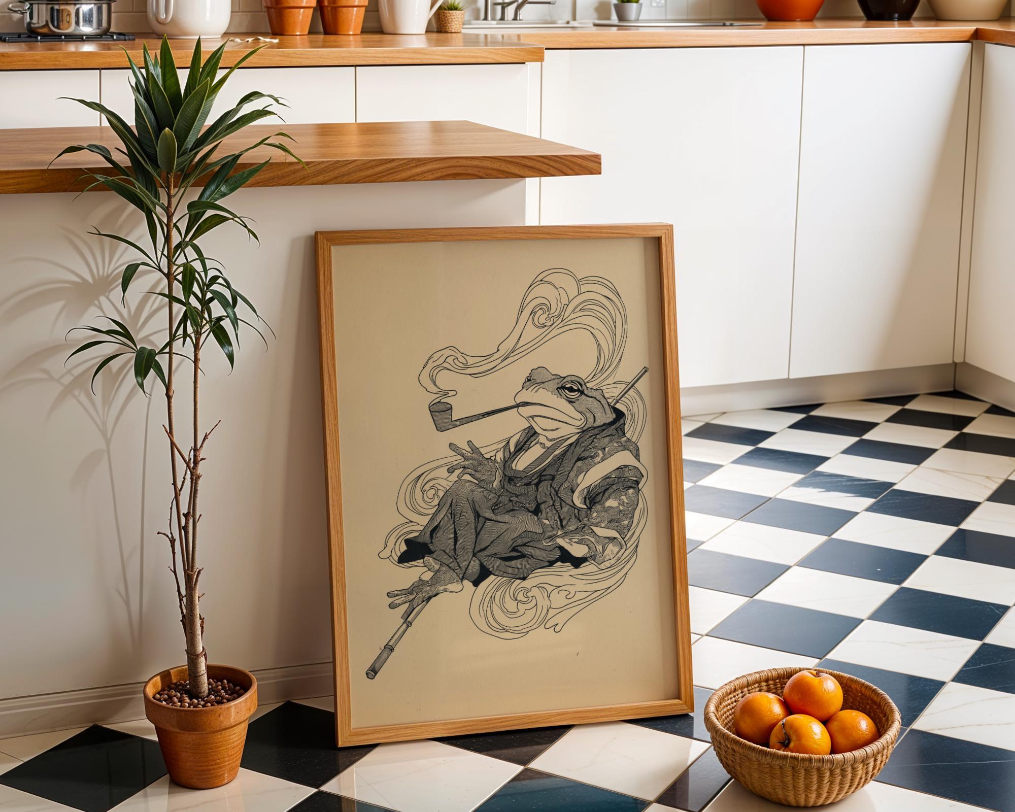 Japanese Whimsical Frog in Kimono Yokai-Inspired Asian Folklore Wall Art by The Wall Art Studio