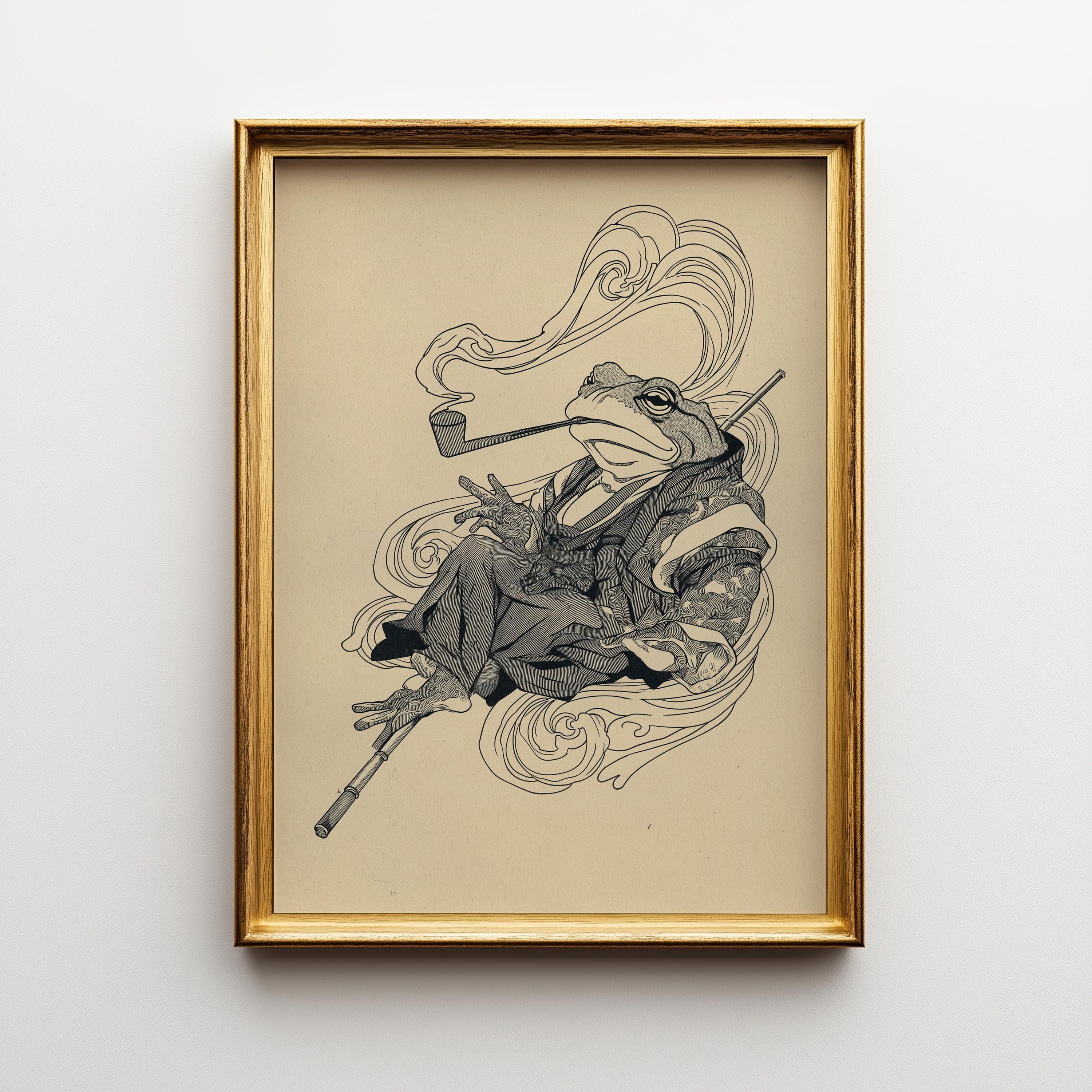 Japanese Whimsical Frog in Kimono Yokai-Inspired Asian Folklore Wall Art by The Wall Art Studio