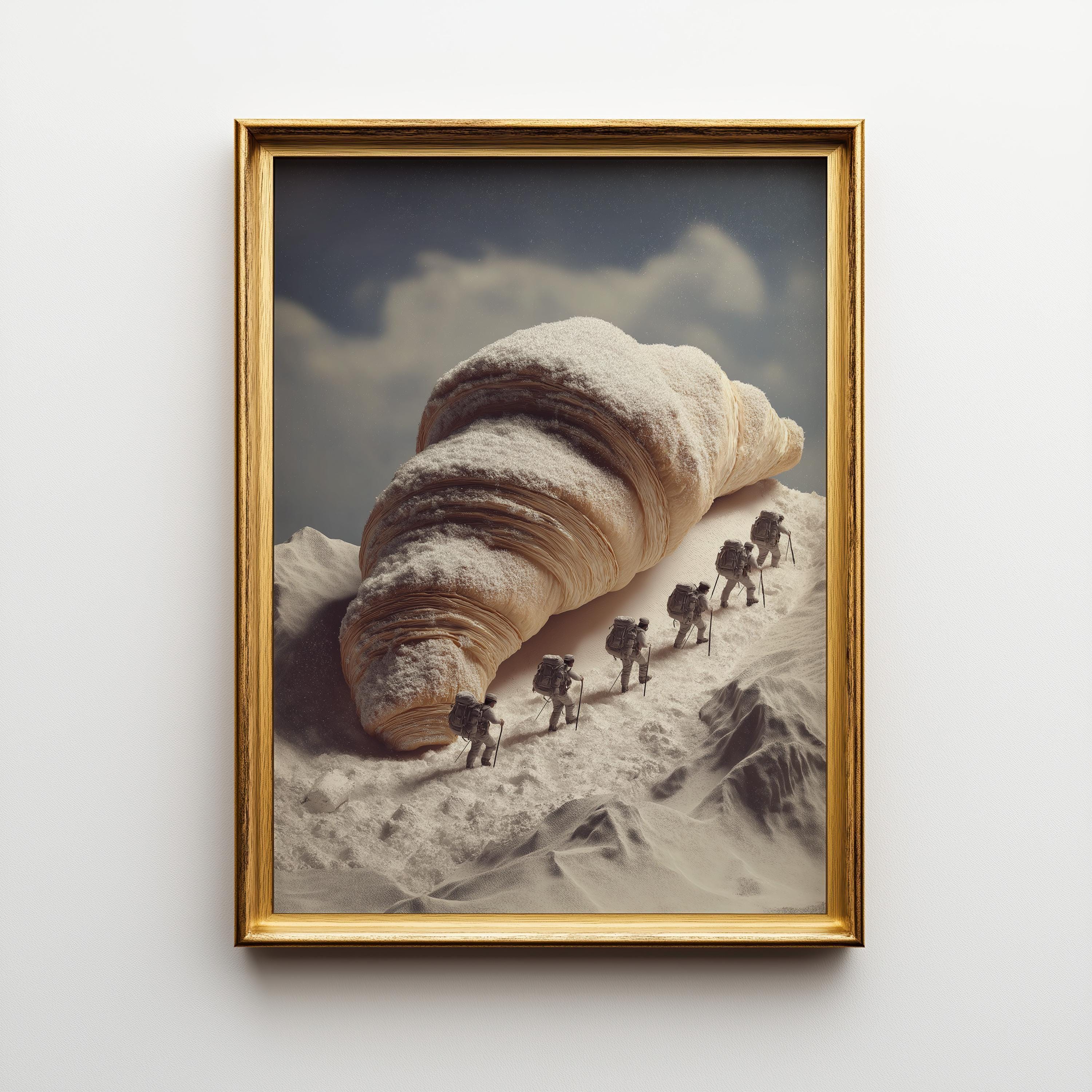 Surreal Croissant Mountain Climbers Whimsical Food Landscape Wall Art