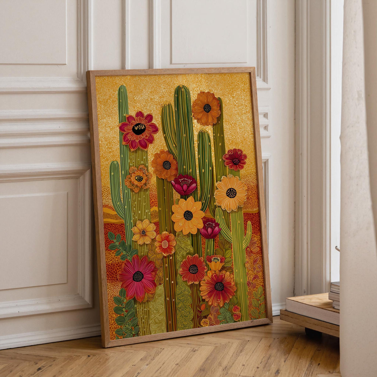 Boho Cactus Warm Desert Floral Southwestern Golden Sunset Wall Art