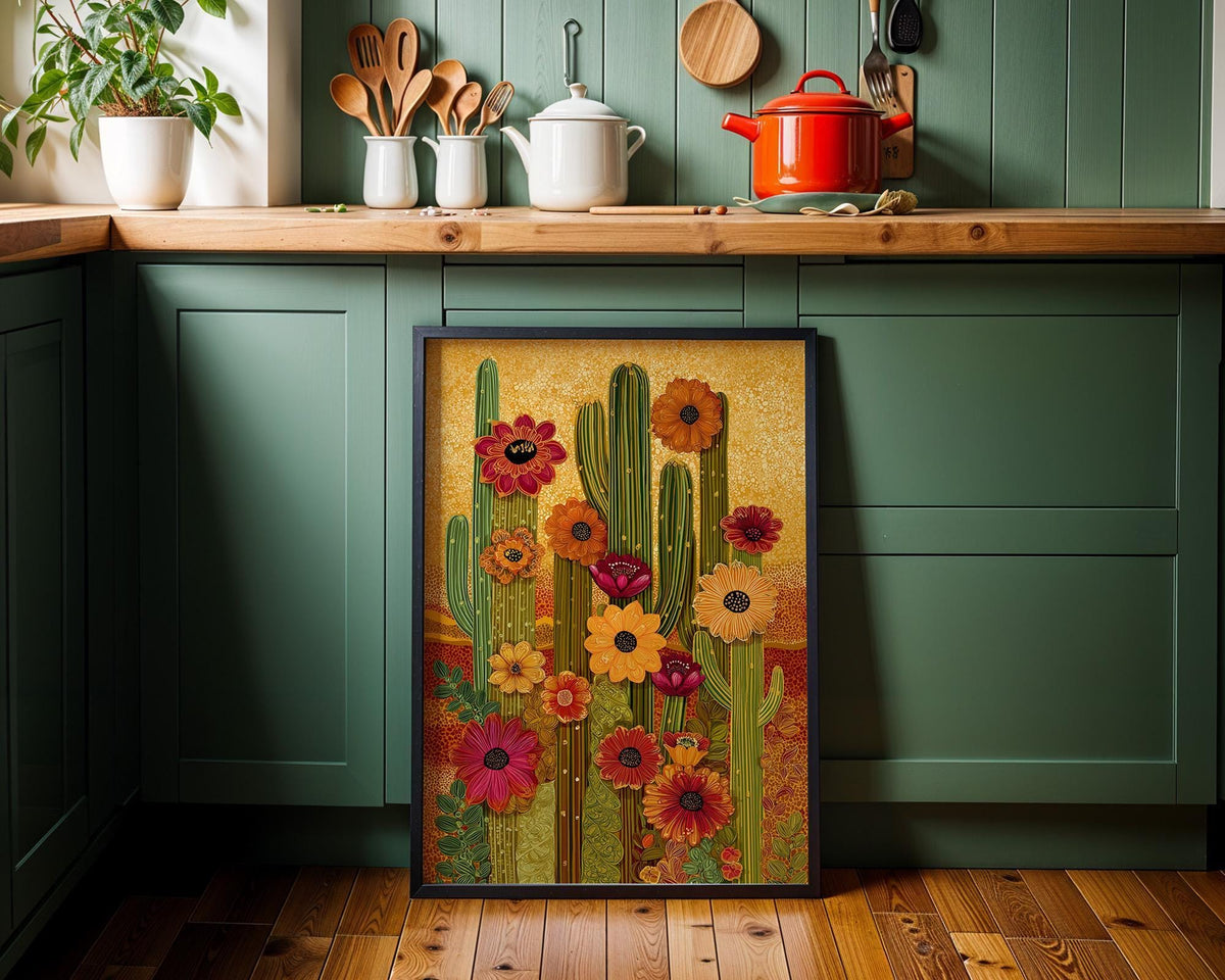 Boho Cactus Warm Desert Floral Southwestern Golden Sunset Wall Art