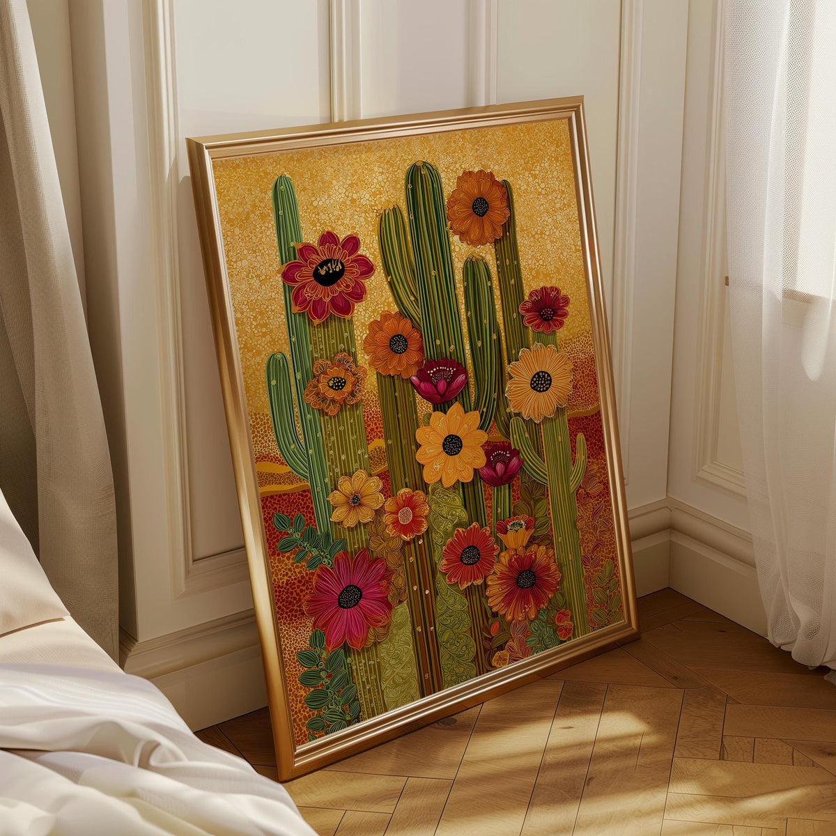 Boho Cactus Warm Desert Floral Southwestern Golden Sunset Wall Art