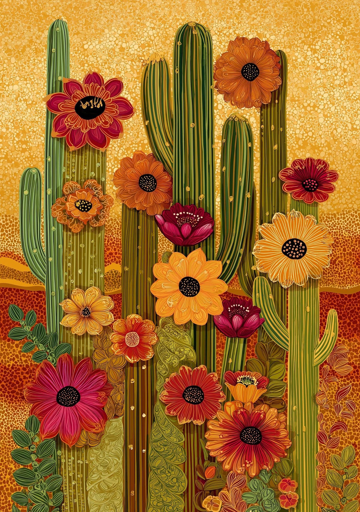 Boho Cactus Warm Desert Floral Southwestern Golden Sunset Wall Art