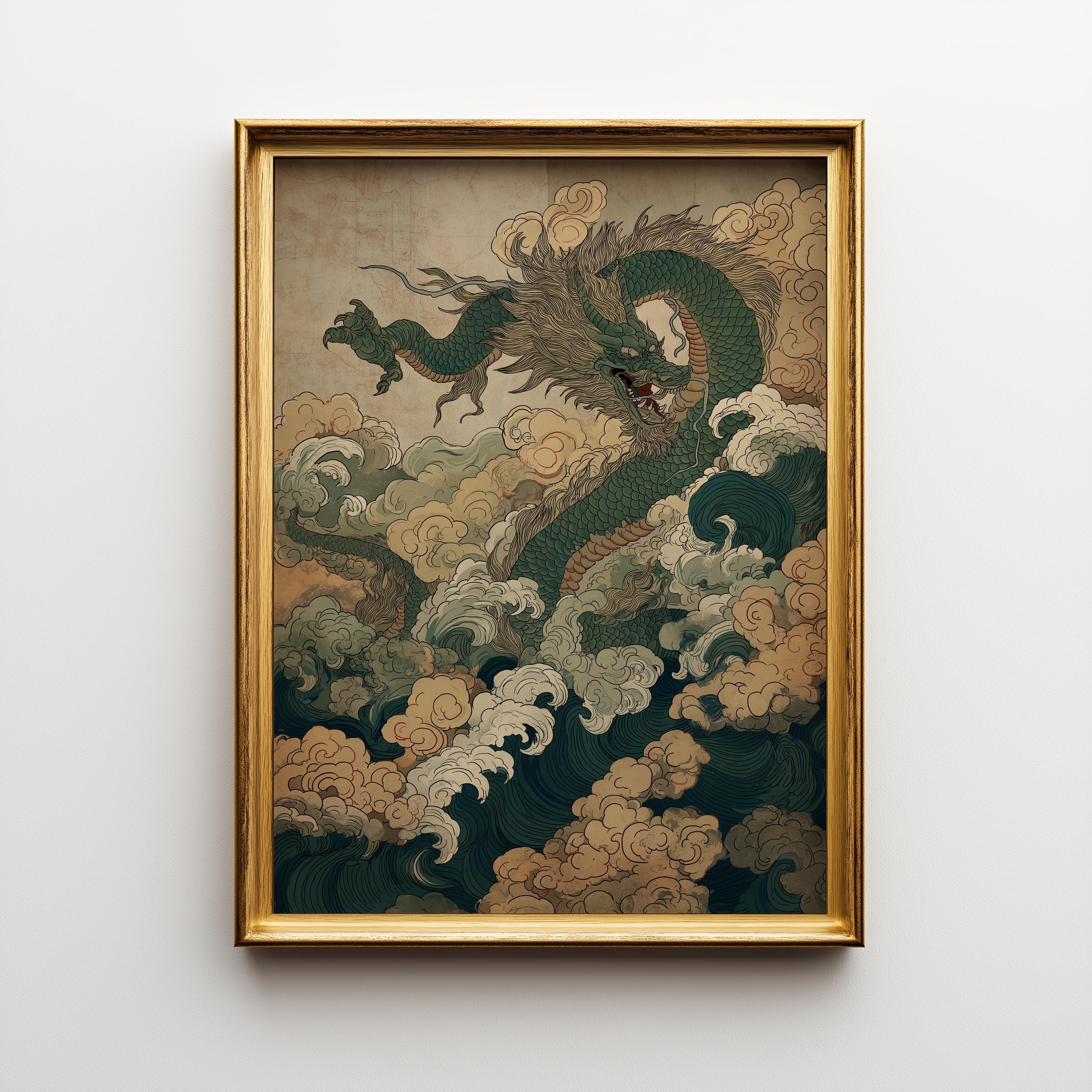 Oriental Dragon Japanese Chinese Mythical Creature Vintage Ink Style Wall Art