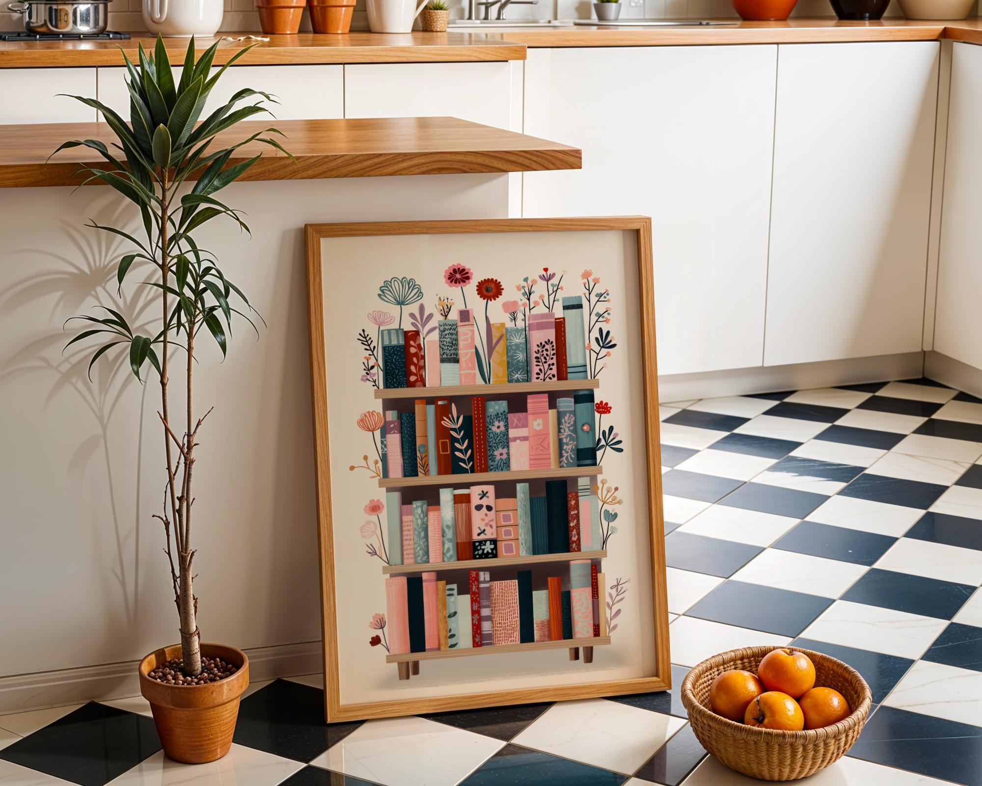 Botanical Book Lover Décor Floral Bookshelf Library Wall Art by The Wall Art Studio