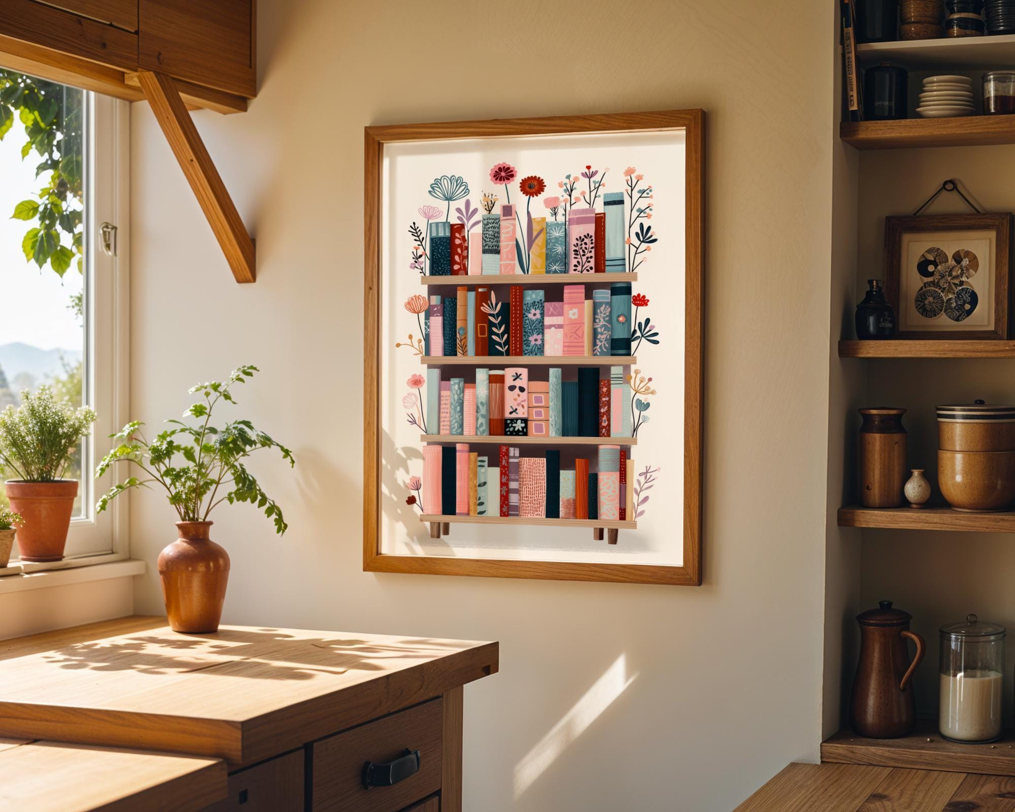 Botanical Book Lover Décor Floral Bookshelf Library Wall Art by The Wall Art Studio