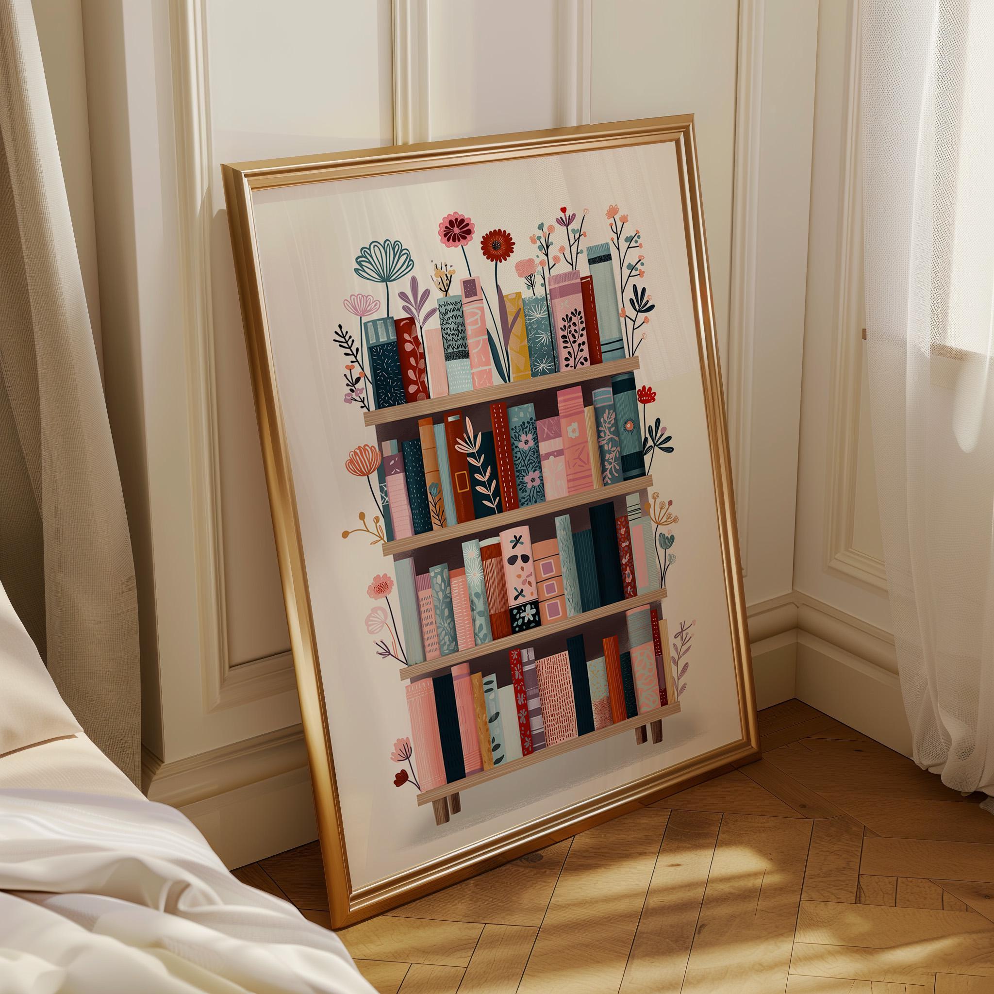 Botanical Book Lover Décor Floral Bookshelf Library Wall Art by The Wall Art Studio