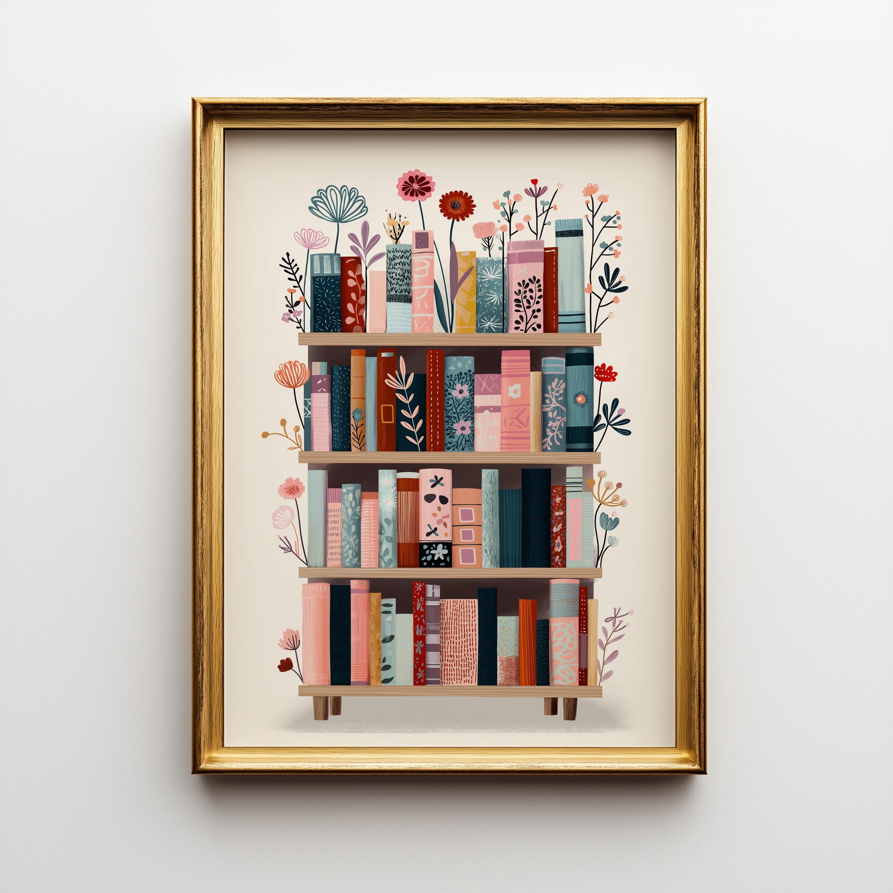Botanical Book Lover Décor Floral Bookshelf Library Wall Art by The Wall Art Studio