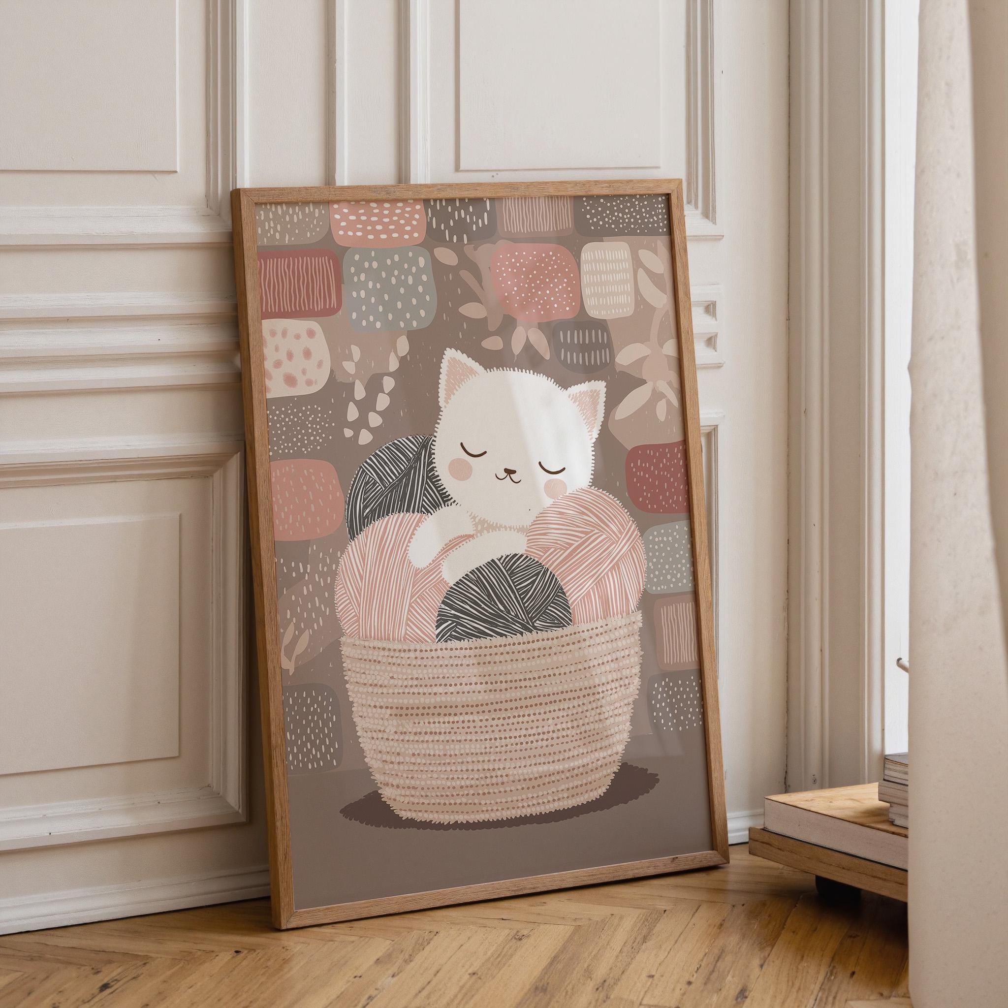 Kitten in Yarn Basket Knitting Cat Cozy Nursery Wall Art by The Wall Art Studio