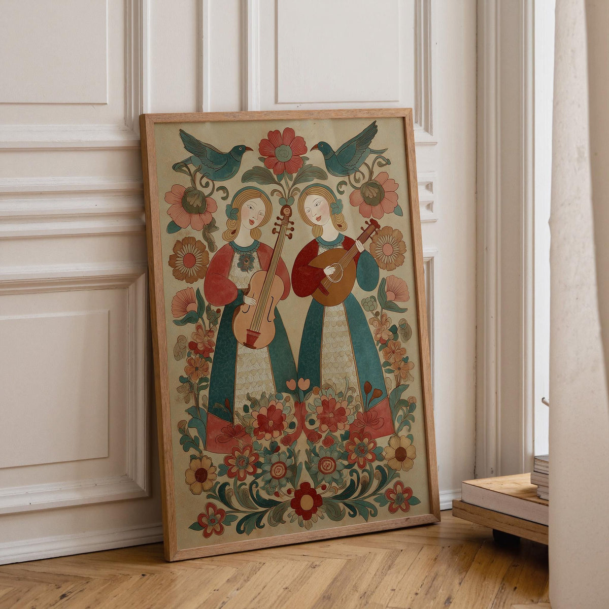Vintage Scandinavian Folk Floral Violin Wall Art by The Wall Art Studio