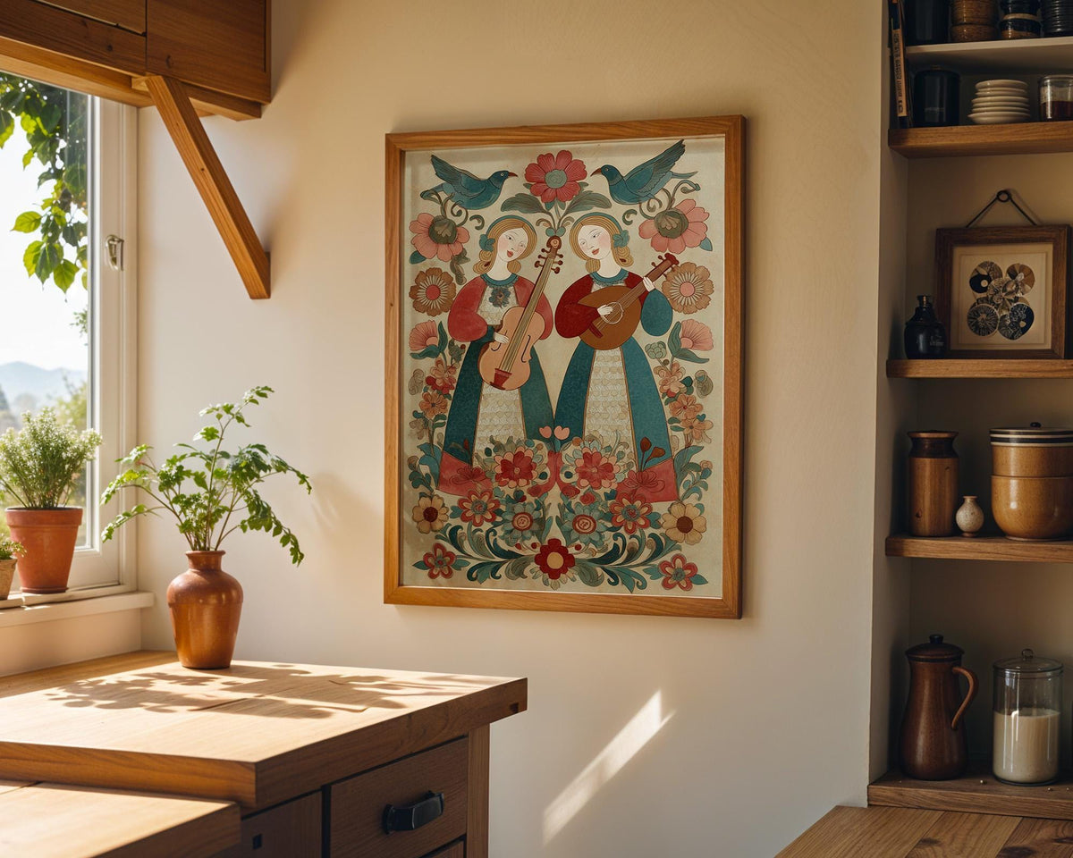 Vintage Scandinavian Folk Floral Violin Wall Art by The Wall Art Studio