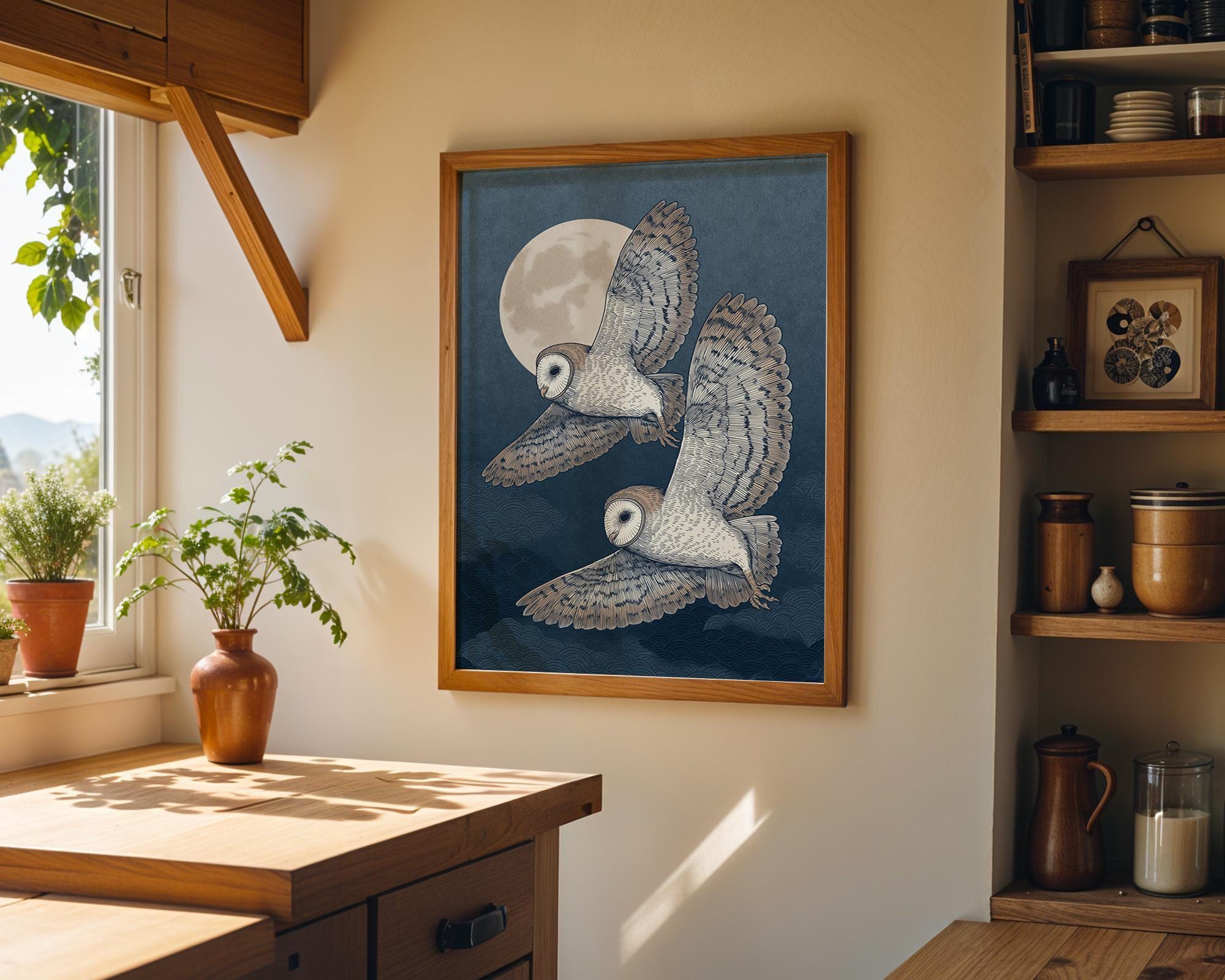 Japanese Style Owl Ukiyo-e Inspired Night Moon Wall Art by The Wall Art Studio