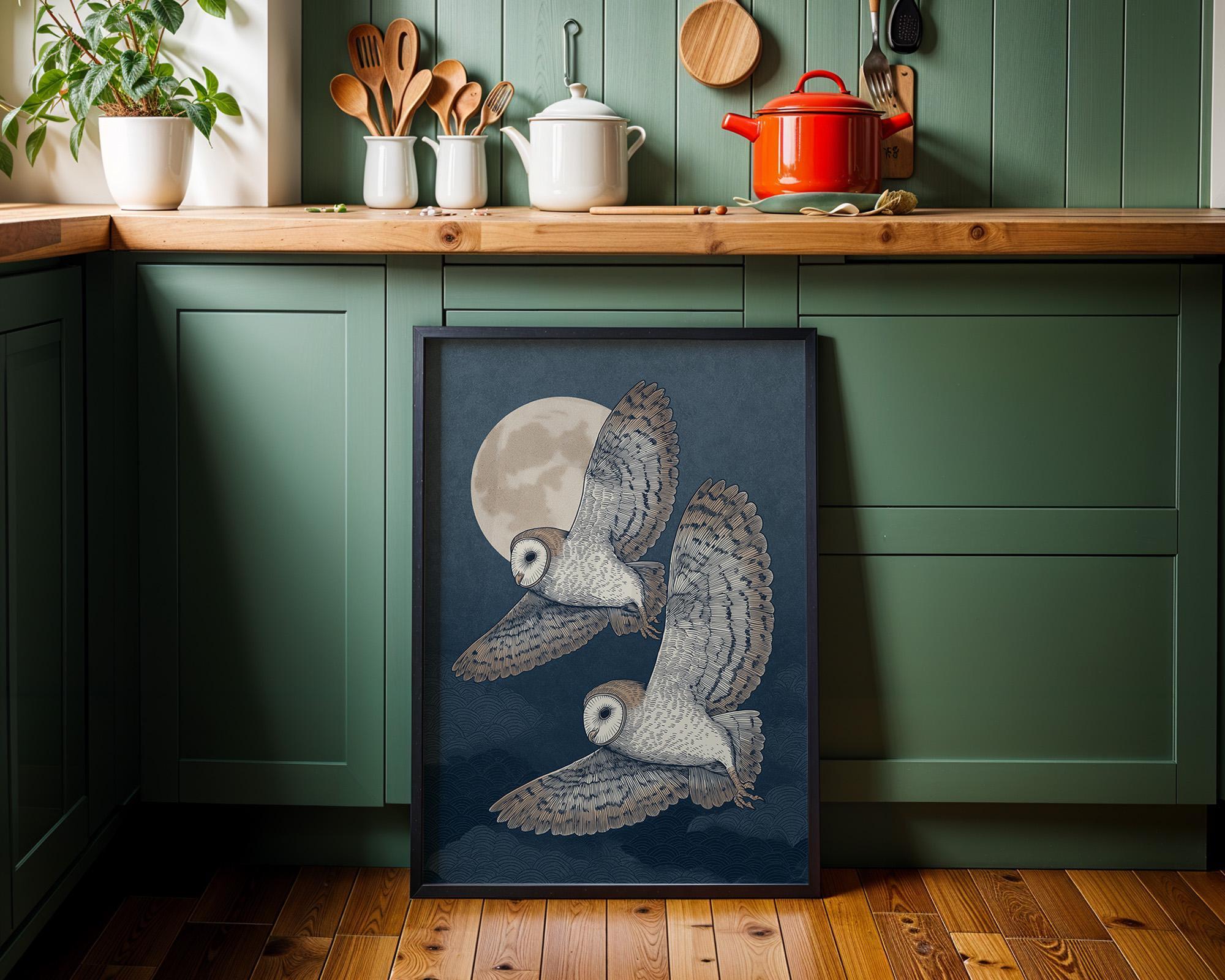 Japanese Style Owl Ukiyo-e Inspired Night Moon Wall Art by The Wall Art Studio