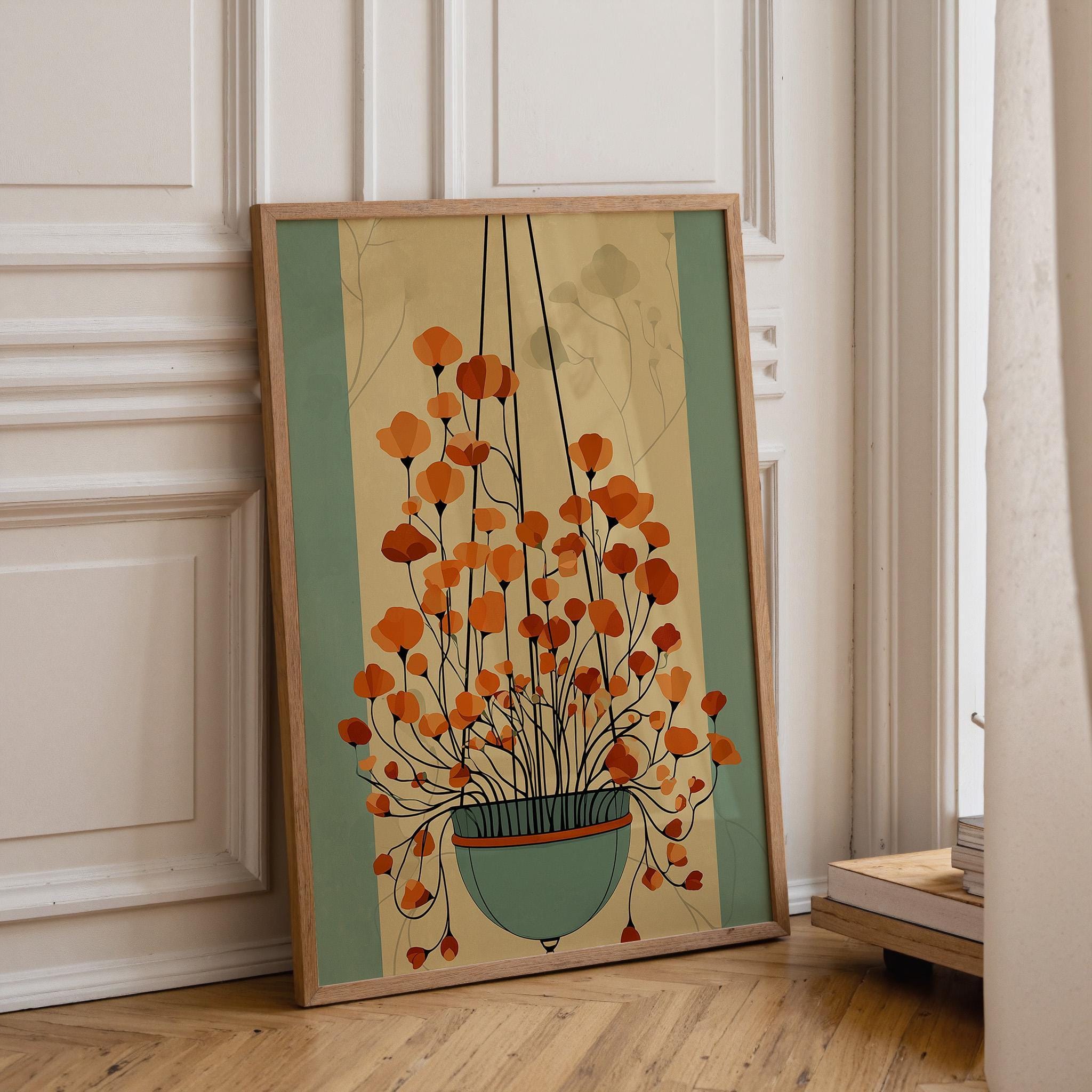 Mid Century Hanging Plant Retro Orange Floral Wall Art