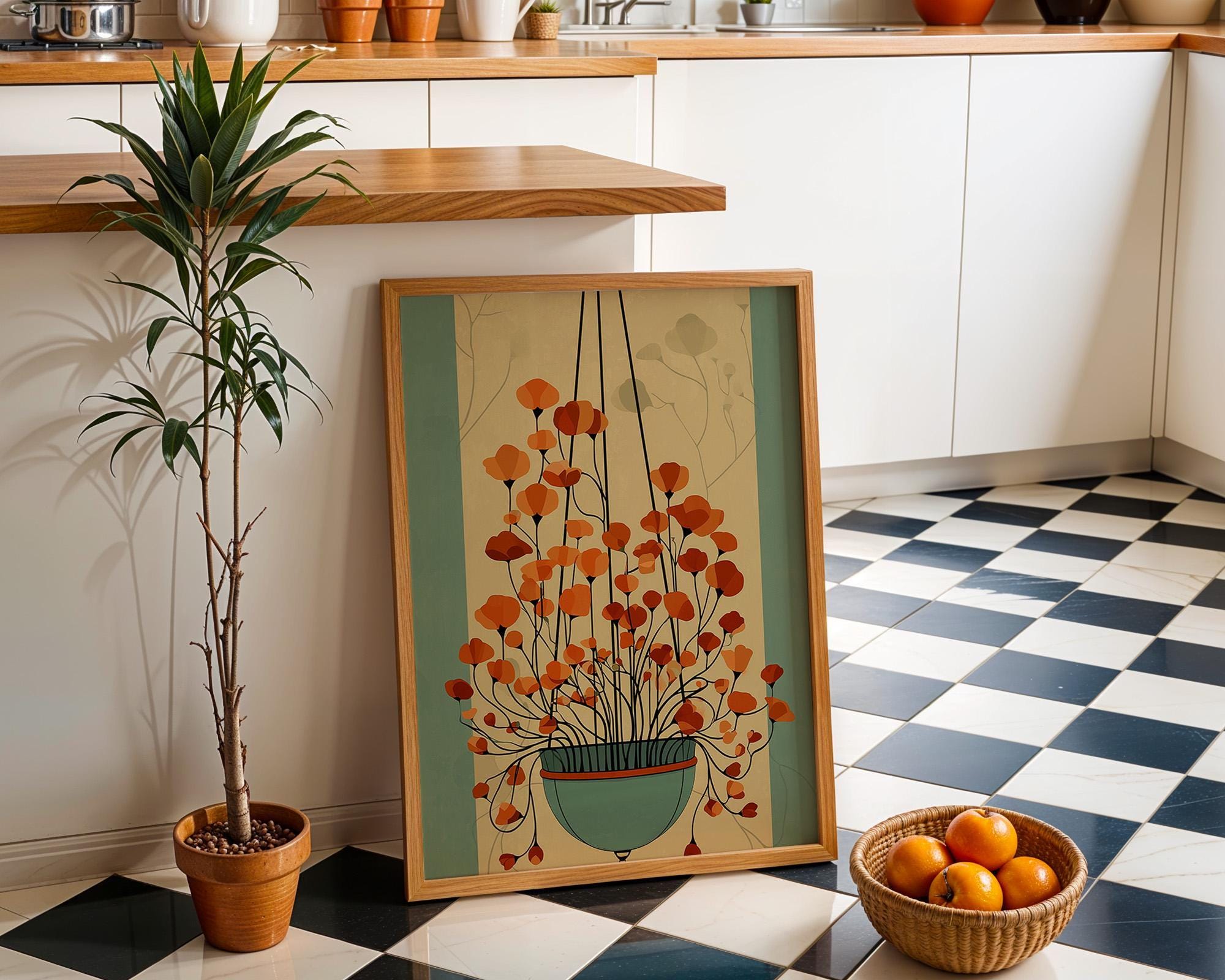 Mid Century Hanging Plant Retro Orange Floral Wall Art