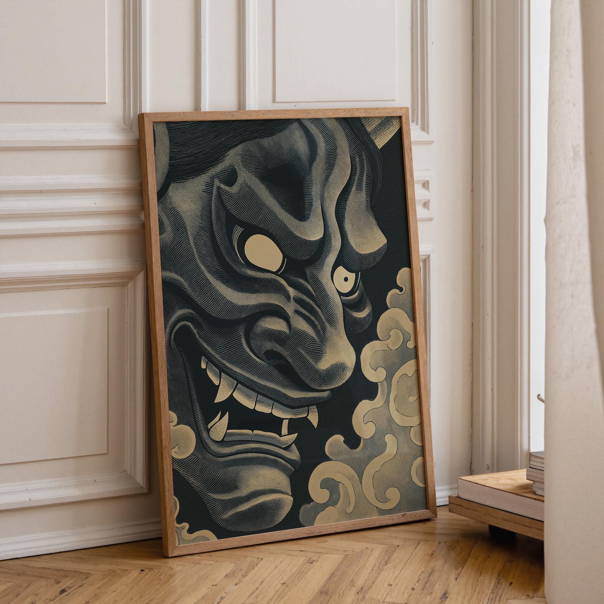 Black Oni Mask Wall Art, Japanese Demon Ukiyo-e Print, Gothic Samurai Decor (Framed Option)