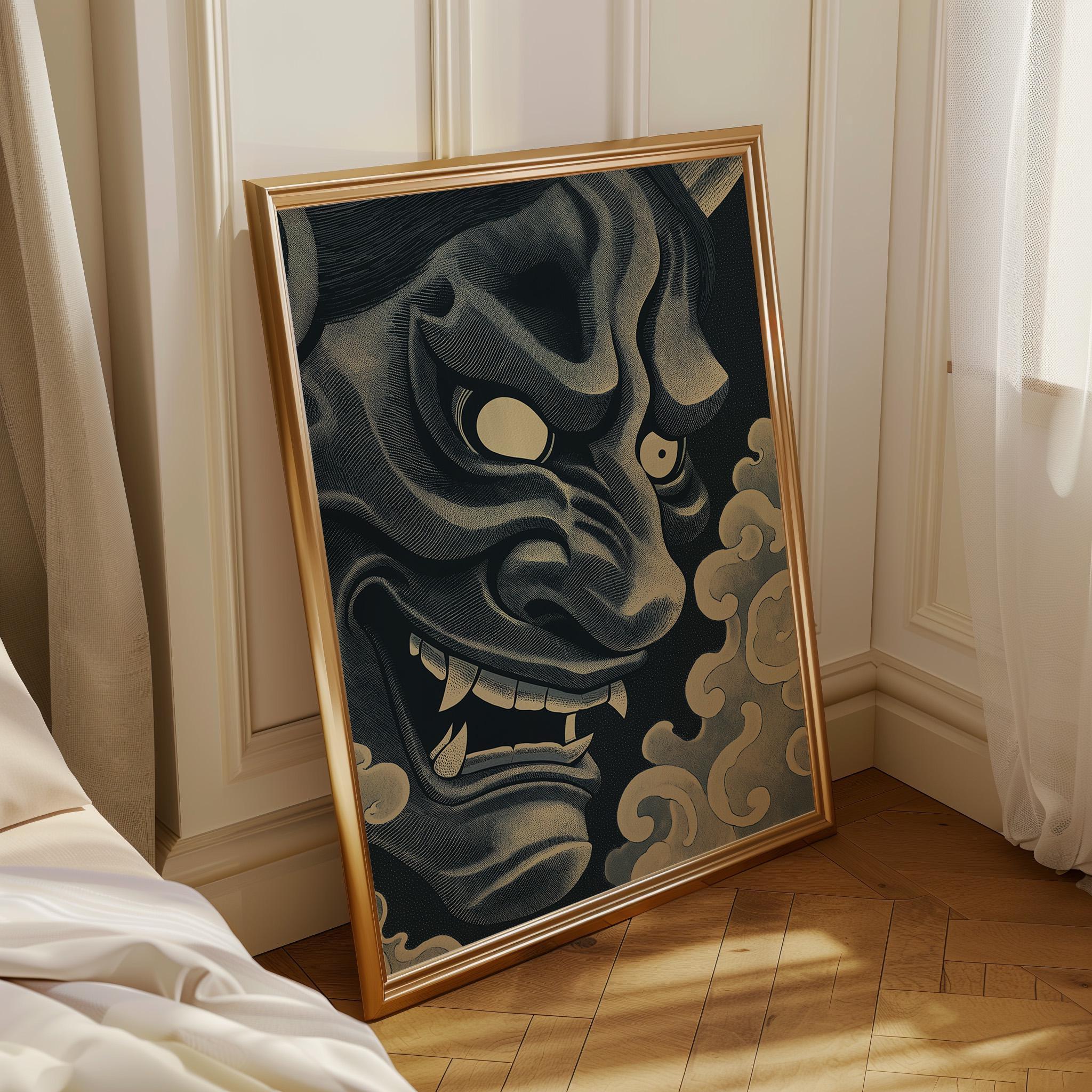 Black Oni Mask Wall Art, Japanese Demon Ukiyo-e Print, Gothic Samurai Decor (Framed Option)